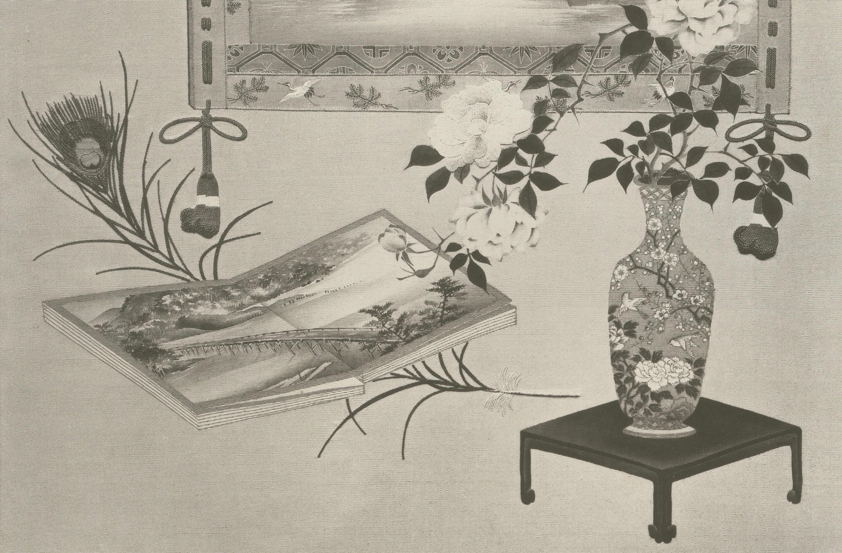 Fin du XIXe siècle Nature morte japonaise ancienne avec le mont Fuji et un vase floral, 19e siècle en vente