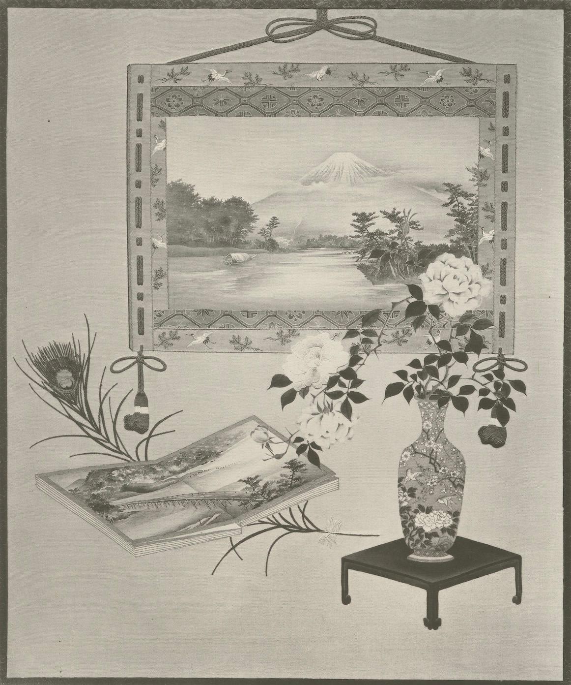 Nature morte japonaise ancienne avec le mont Fuji et un vase floral, 19e siècle en vente 2