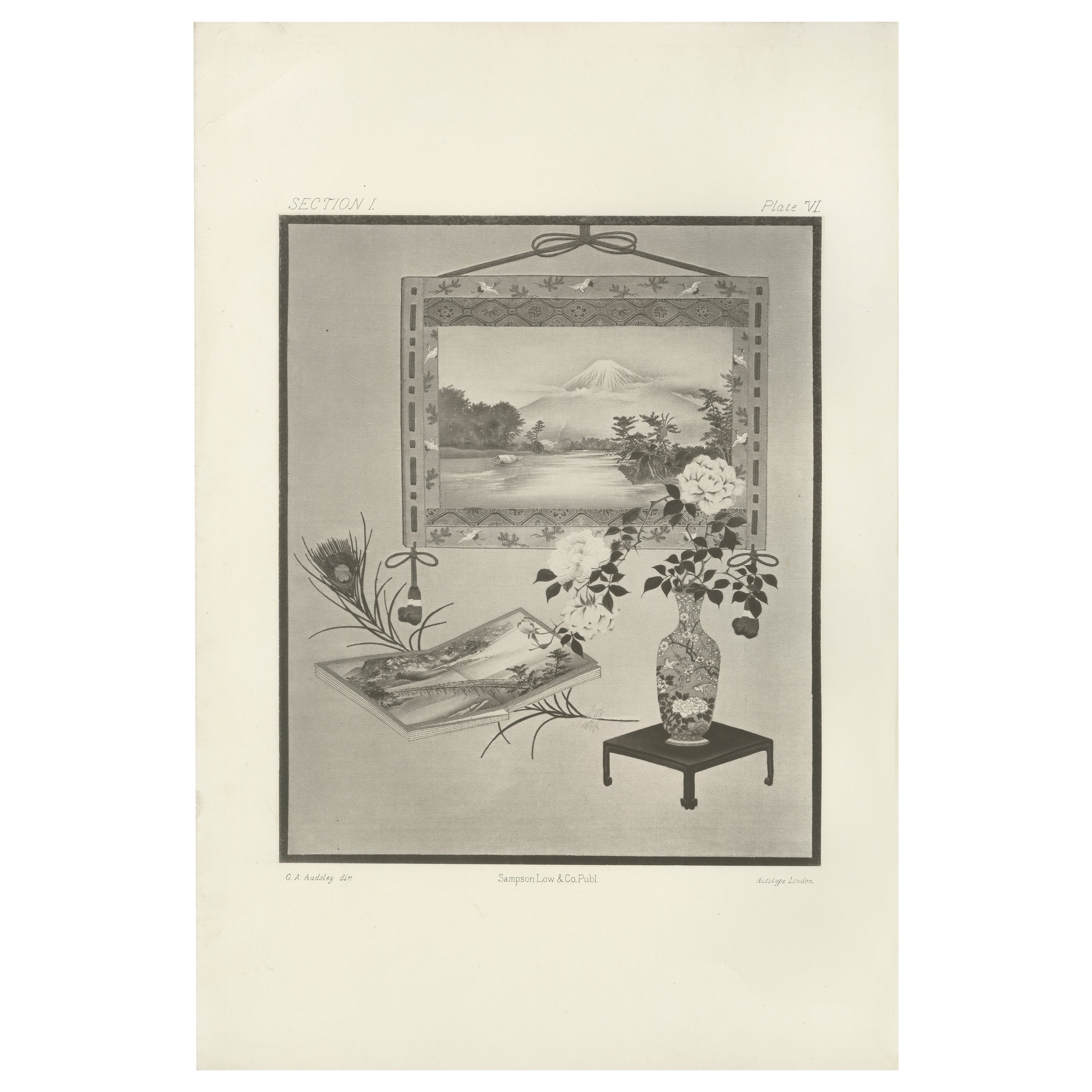 Antikes japanisches Stilleben mit Berg Fuji und Blumenvase, 19. Jahrhundert