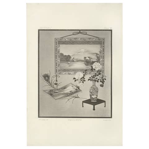 Antique Japanese Still Life with Mount Fuji and Floral Vase, 19th Century