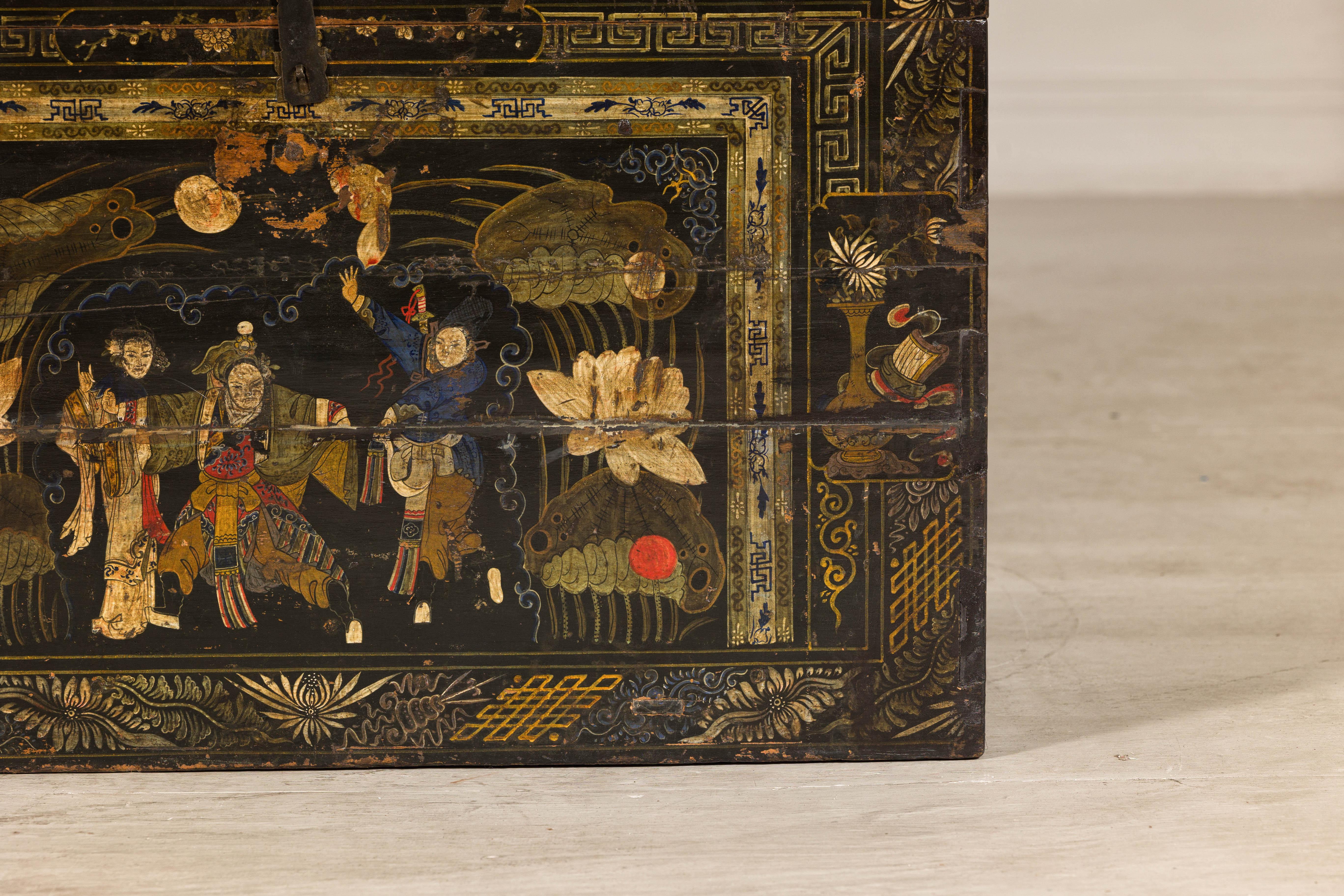 Coffre de style japonais ancien peint à la main avec décor scénique, début du 20e siècle en vente 4