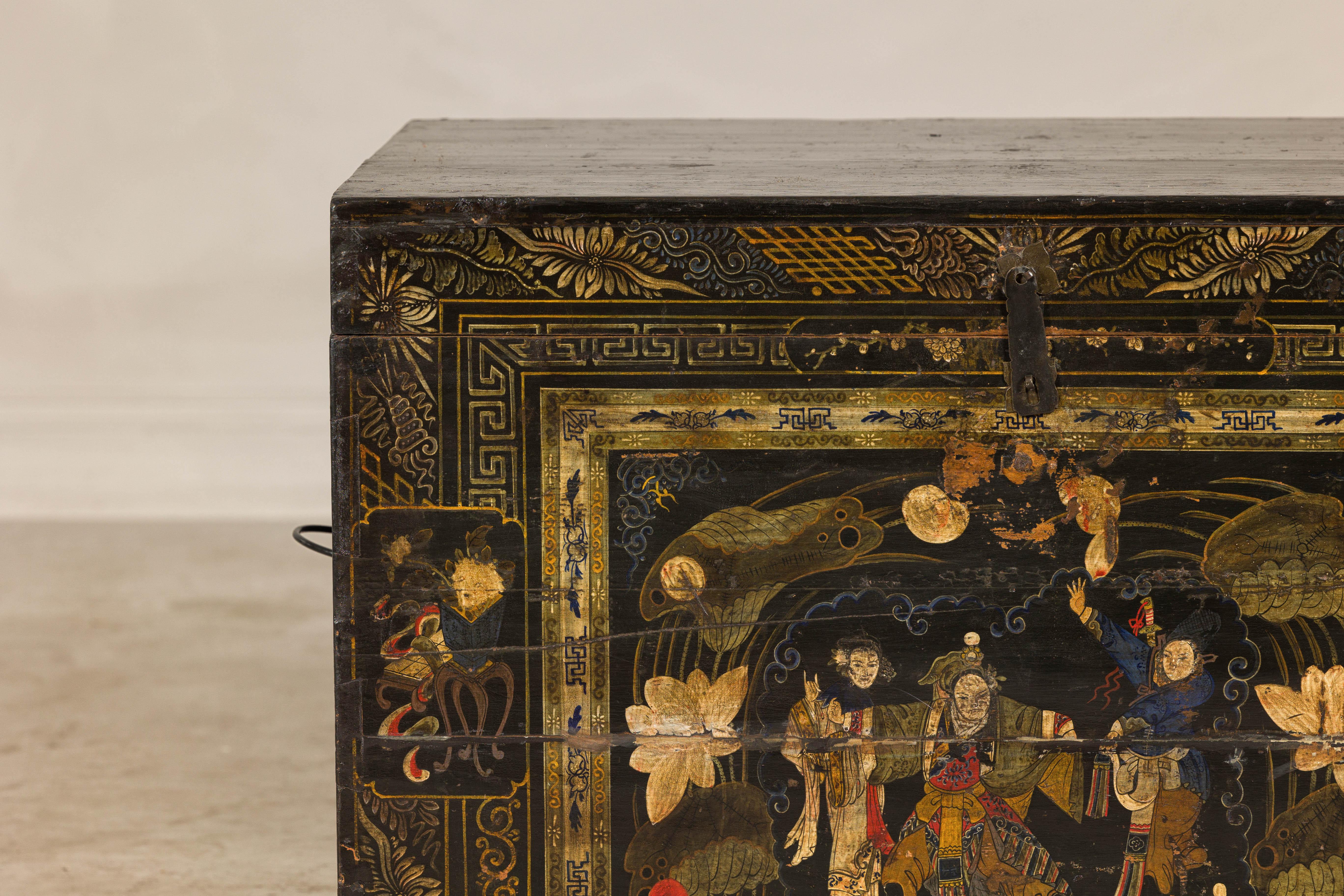 Coffre de style japonais ancien peint à la main avec décor scénique, début du 20e siècle en vente 6