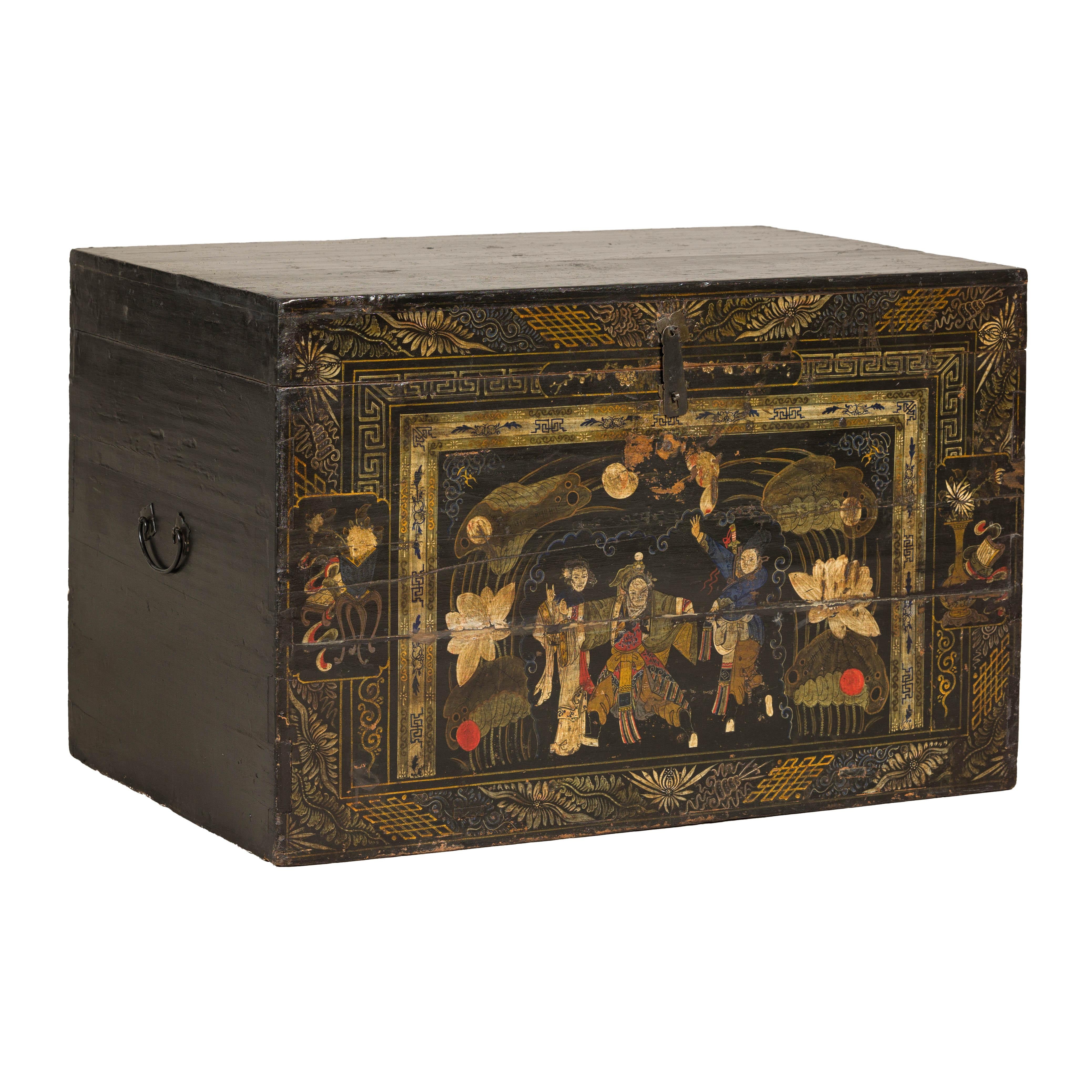 Coffre de style japonais ancien peint à la main avec décor scénique, début du 20e siècle en vente 8
