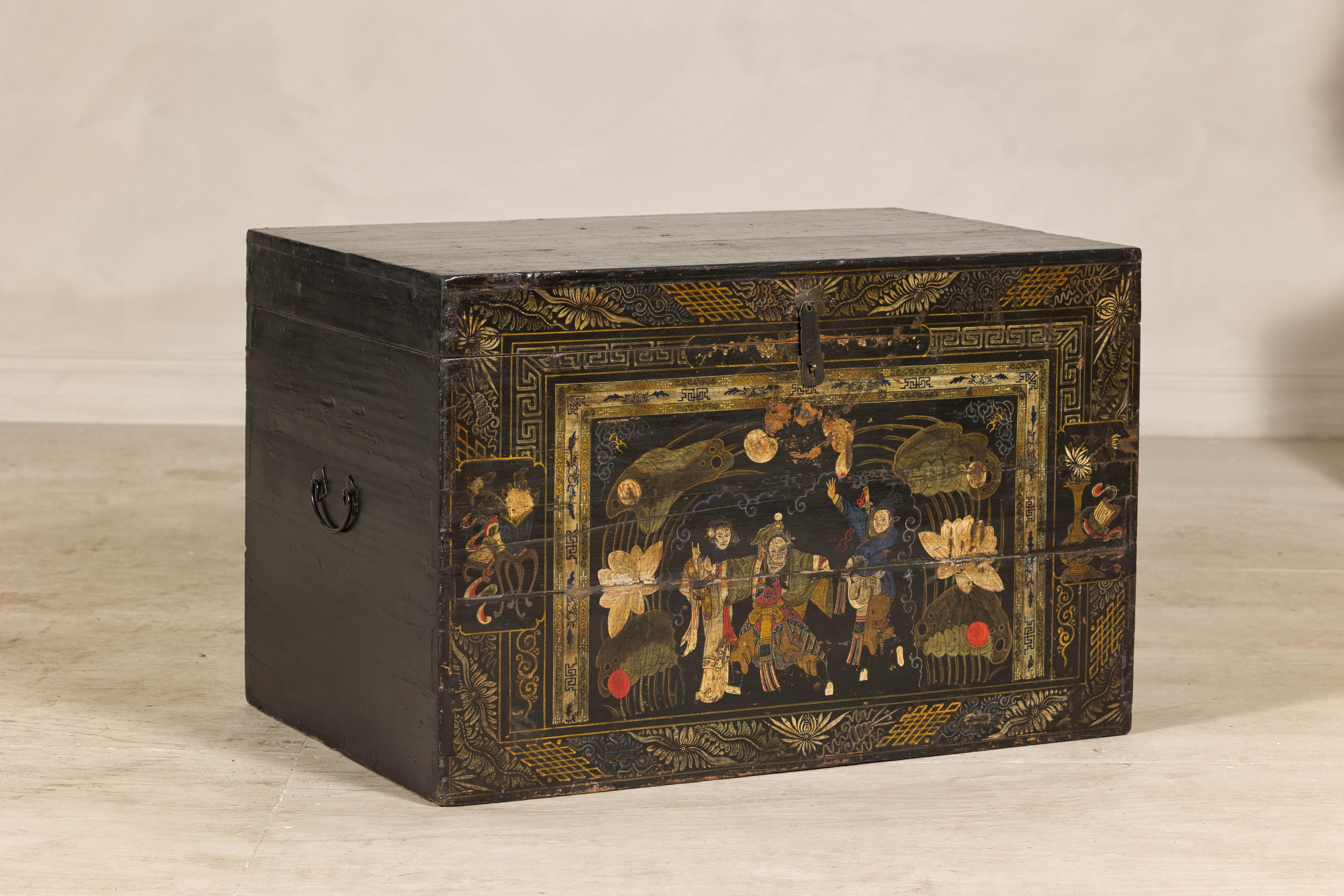 Chinois Coffre de style japonais ancien peint à la main avec décor scénique, début du 20e siècle en vente