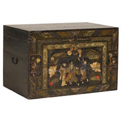 Antique Japanese Style Hand-Painted Trunk with Scenic Decor, Early 20th Century