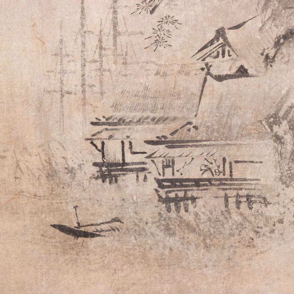 Antique Japanese Suibokuga Landscape by Kano Tokinobu. 17th century.
A sumi-e ink on paper painting illustrating an ethereal mountainous  landscape at the seashore containing buildings, trees, birds and ship masts. 3 vermillion seals of the artist