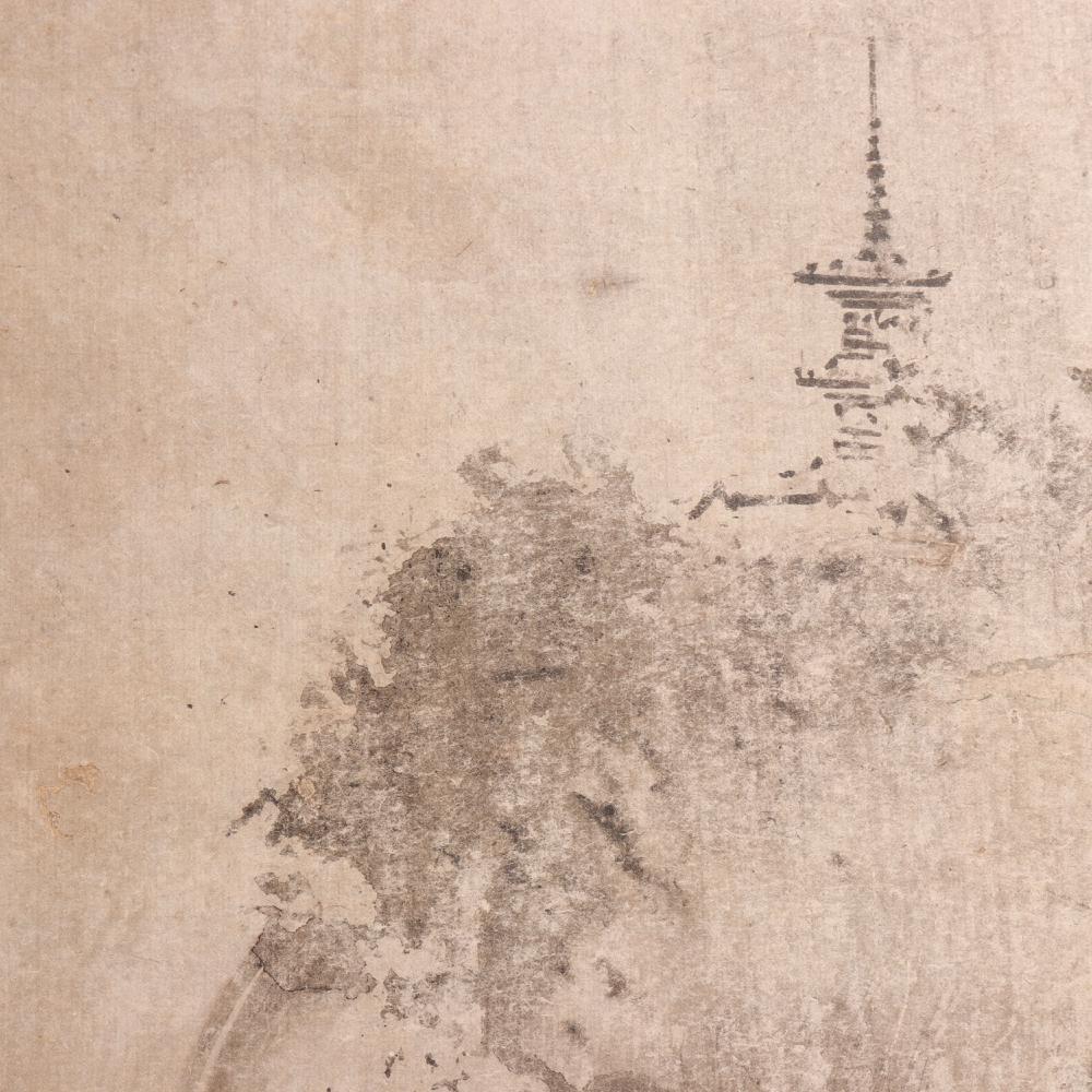 Hand-Painted Antique Japanese Suibokuga Landscape by Kano Tokinobu, 17th century. For Sale