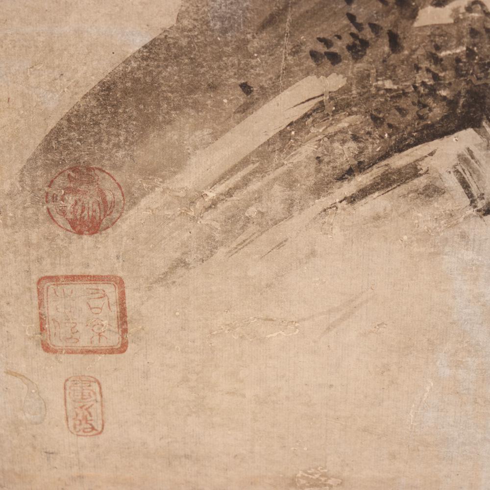 Peint à la main Paysage ancien japonais Suibokuga par Kano Tokinobu, 17e siècle. en vente