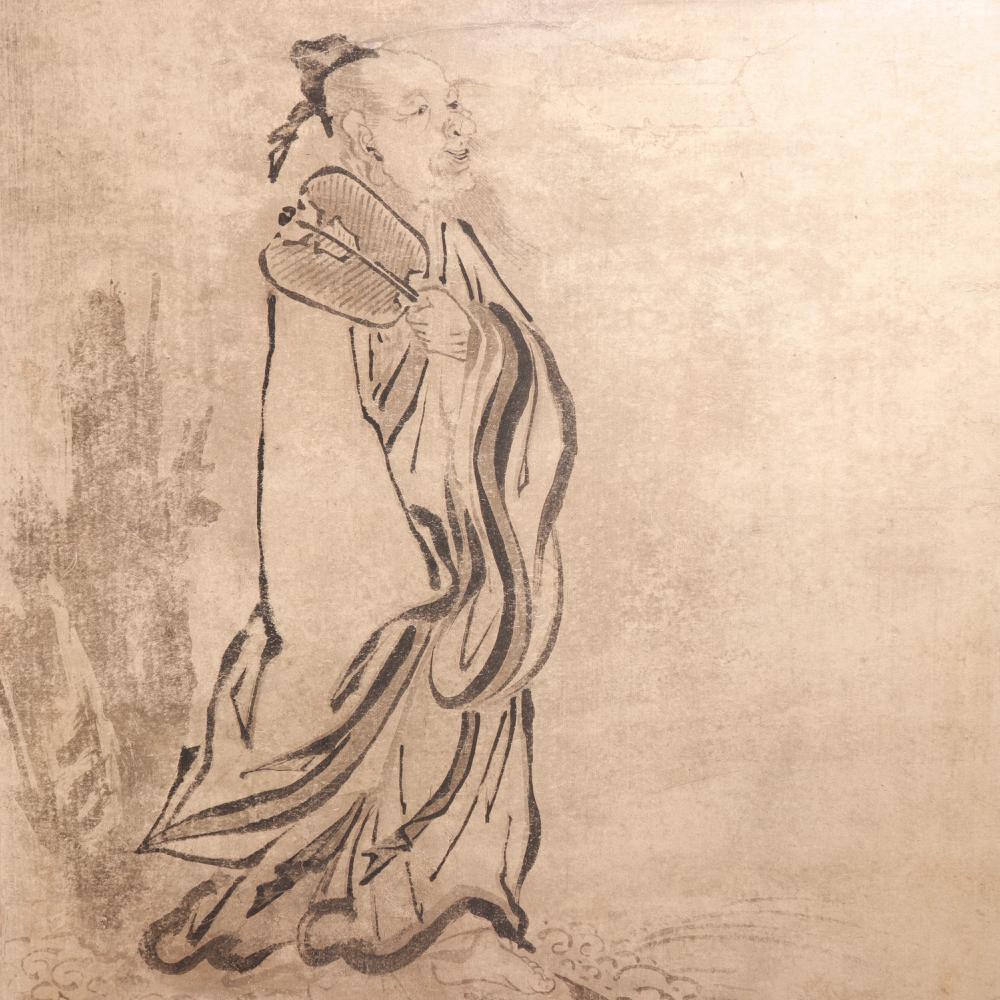 Antique Japanese Suibokuga Sage Painting by Kano Tokinobu, 17th century. A sumi-e ink on paper painting illustrating an acolyte at a riverbank. The image of the standing Chinese figure with elongated earlobes (a symbol of enlightenment), hair tied