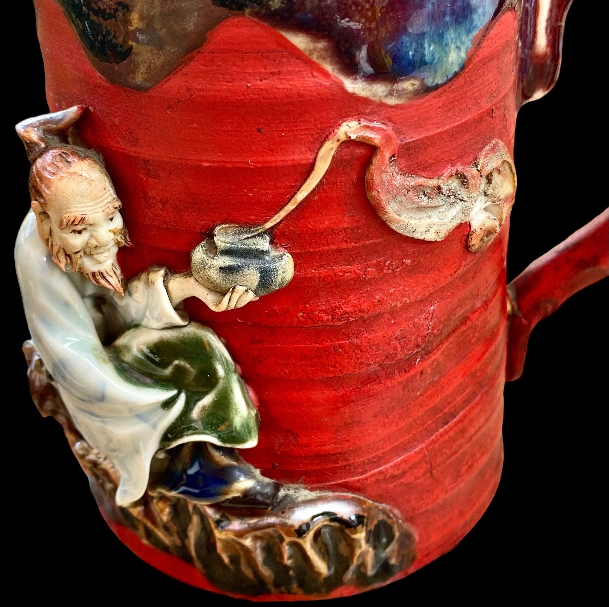 Antique Japanese Sumida Gawa Pottery Figural Red Mugs 3