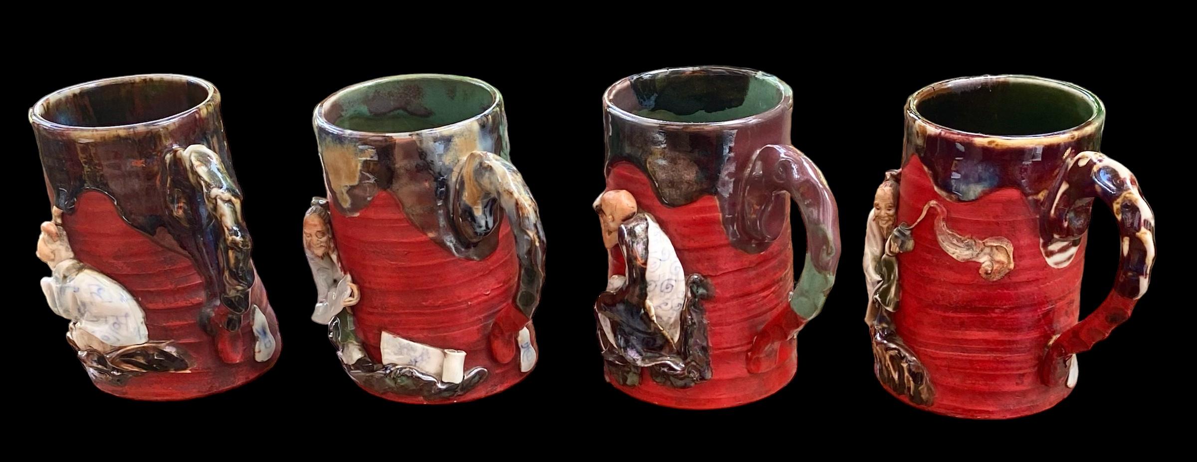 Antique Japanese Sumida Gawa Pottery Figural Red Mugs 6