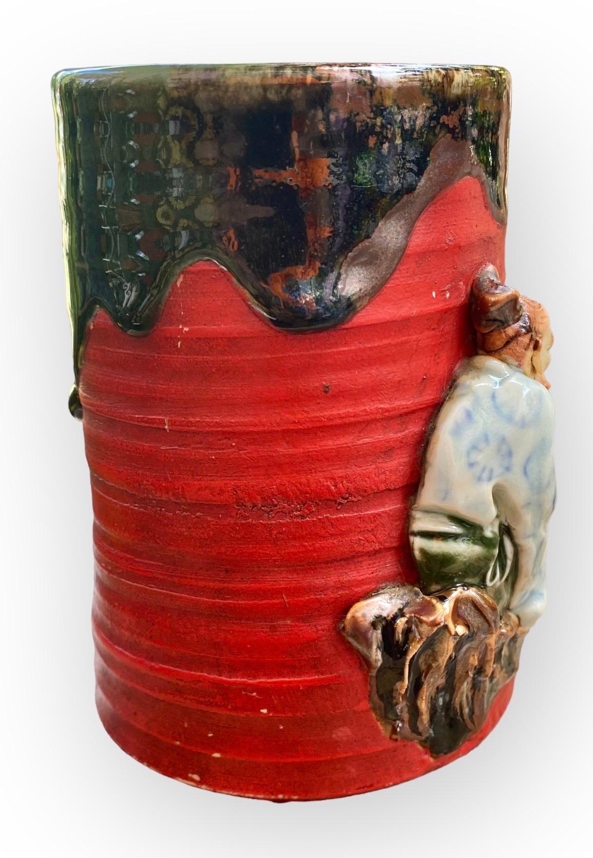 Anglo-Japanese Antique Japanese Sumida Gawa Pottery Figural Red Mugs