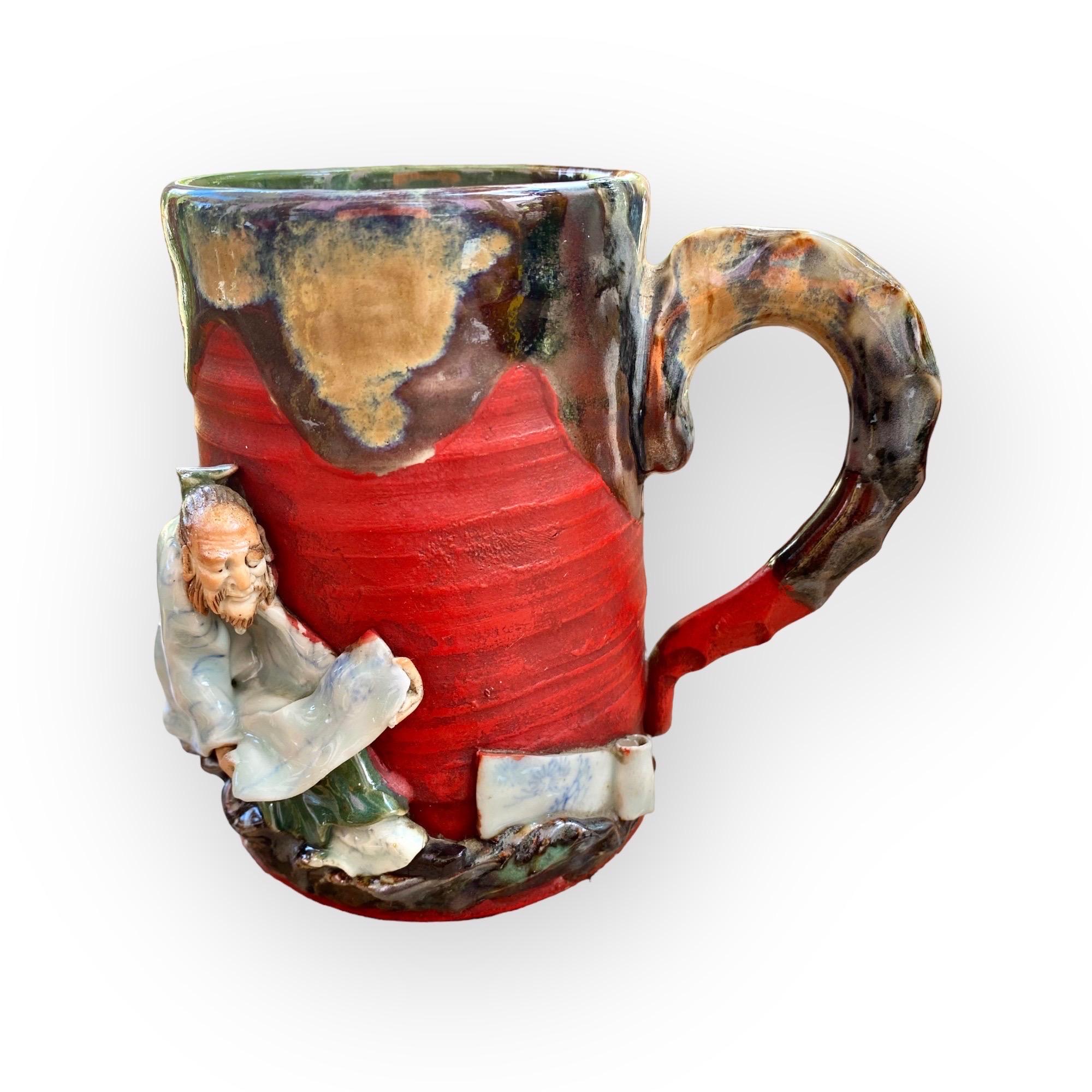 Glazed Antique Japanese Sumida Gawa Pottery Figural Red Mugs