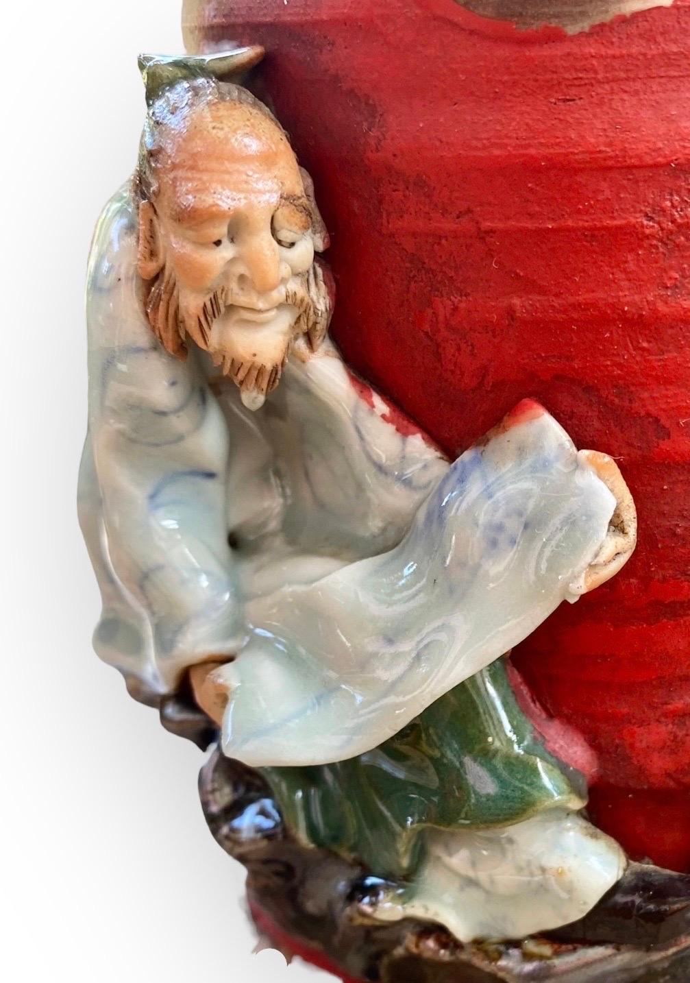 Antique Japanese Sumida Gawa Pottery Figural Red Mugs In Good Condition In New Orleans, LA