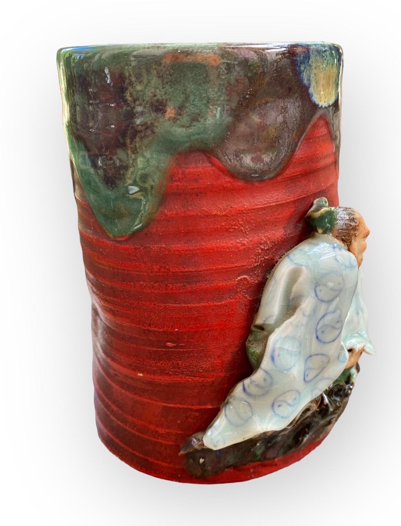 Antique Japanese Sumida Gawa Pottery Figural Red Mugs 1