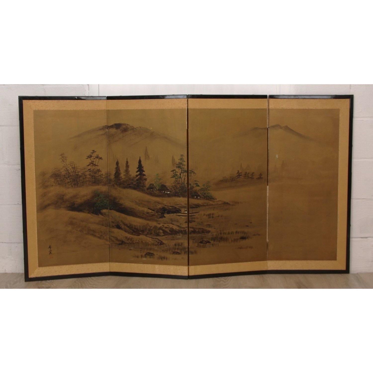 Antique Byobu Four Panel Screen.  

Japan, late 19th to early 20th century.  Taisho period.