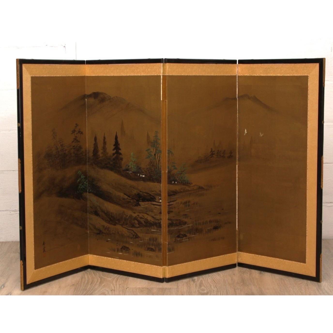 Woodwork Antique Japanese Taisho Period Byobu Four Panel Folding Screen For Sale