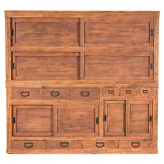 Antique Japanese Taishō Two-Part Tansu Chest with Drawers and Sliding Doors