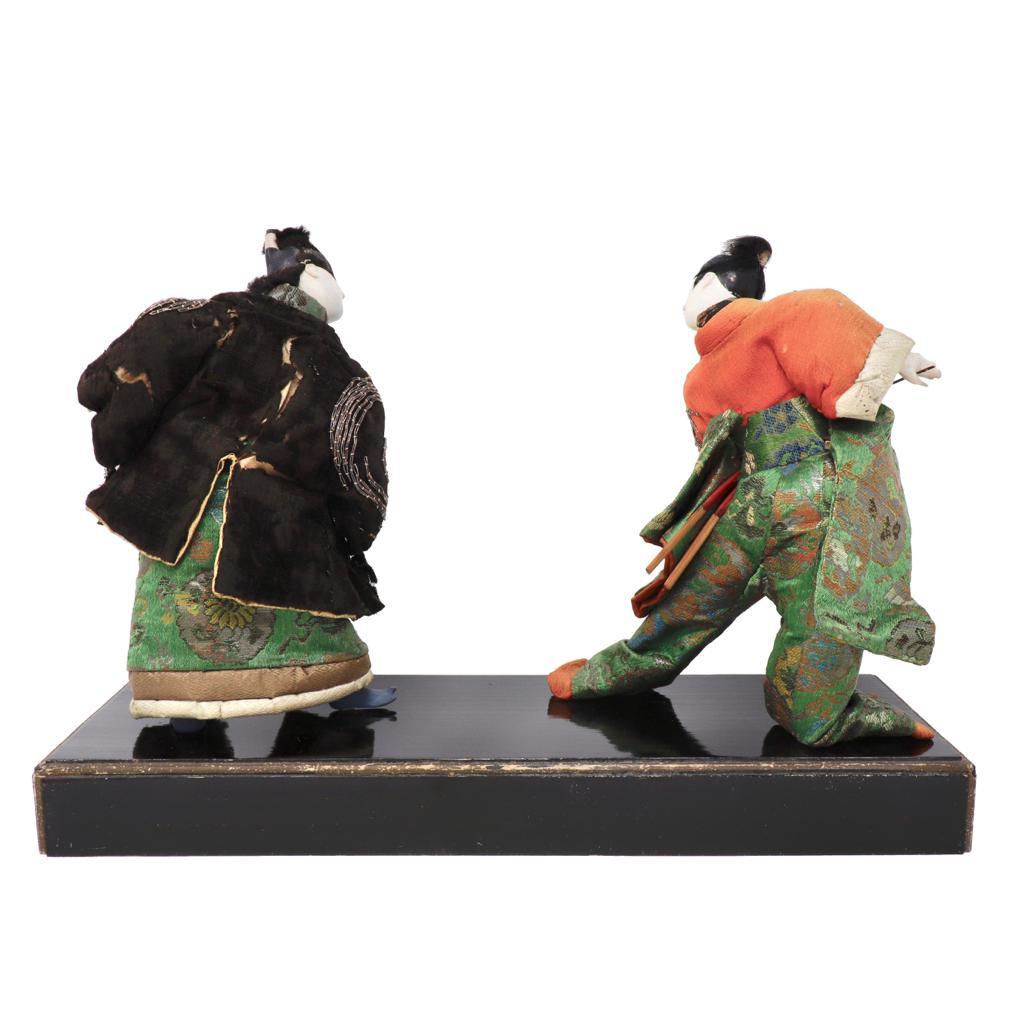 Antique Japanese Takeda Ningyo Doll Set of Two Kabuki Actors on the Stage In Fair Condition For Sale In New York, NY