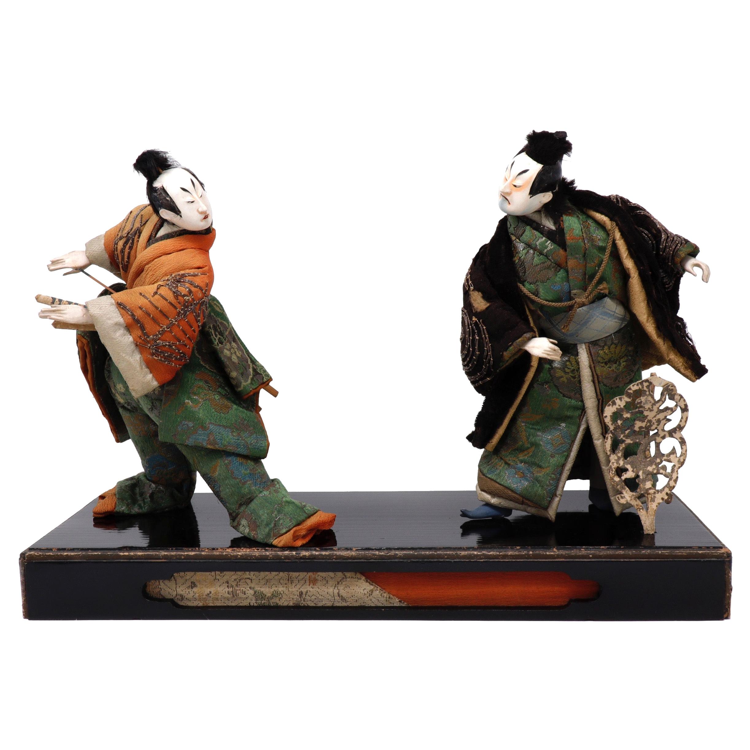Antique Japanese Takeda Ningyo Doll Set of Two Kabuki Actors on the Stage For Sale