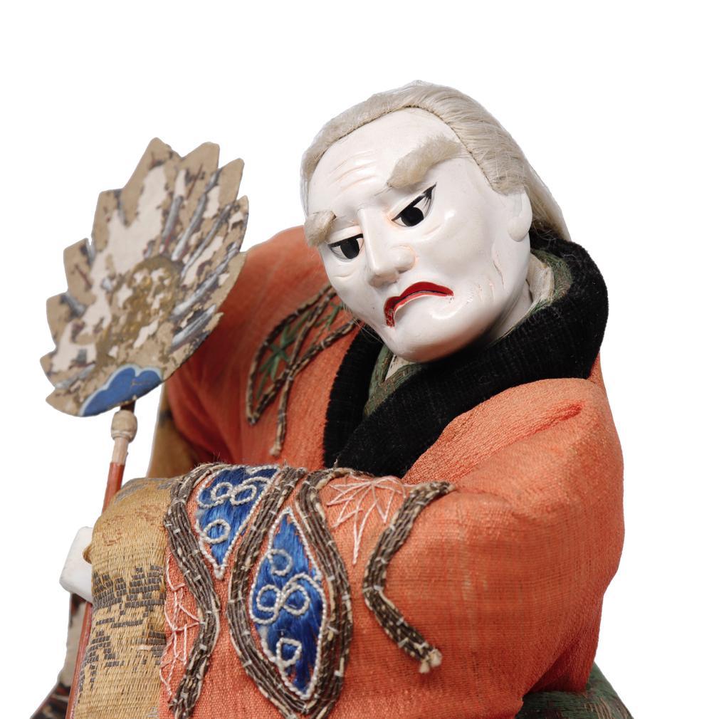 Antique Japanese Takeda Ningyo, depicting an older actor on the stage in the role of Sojobo, the leader of the tengu on Mt. Kurama who taught Yoshitsune martial skills dramatized in the “Heiji Monogatari”, standing here with the left leg