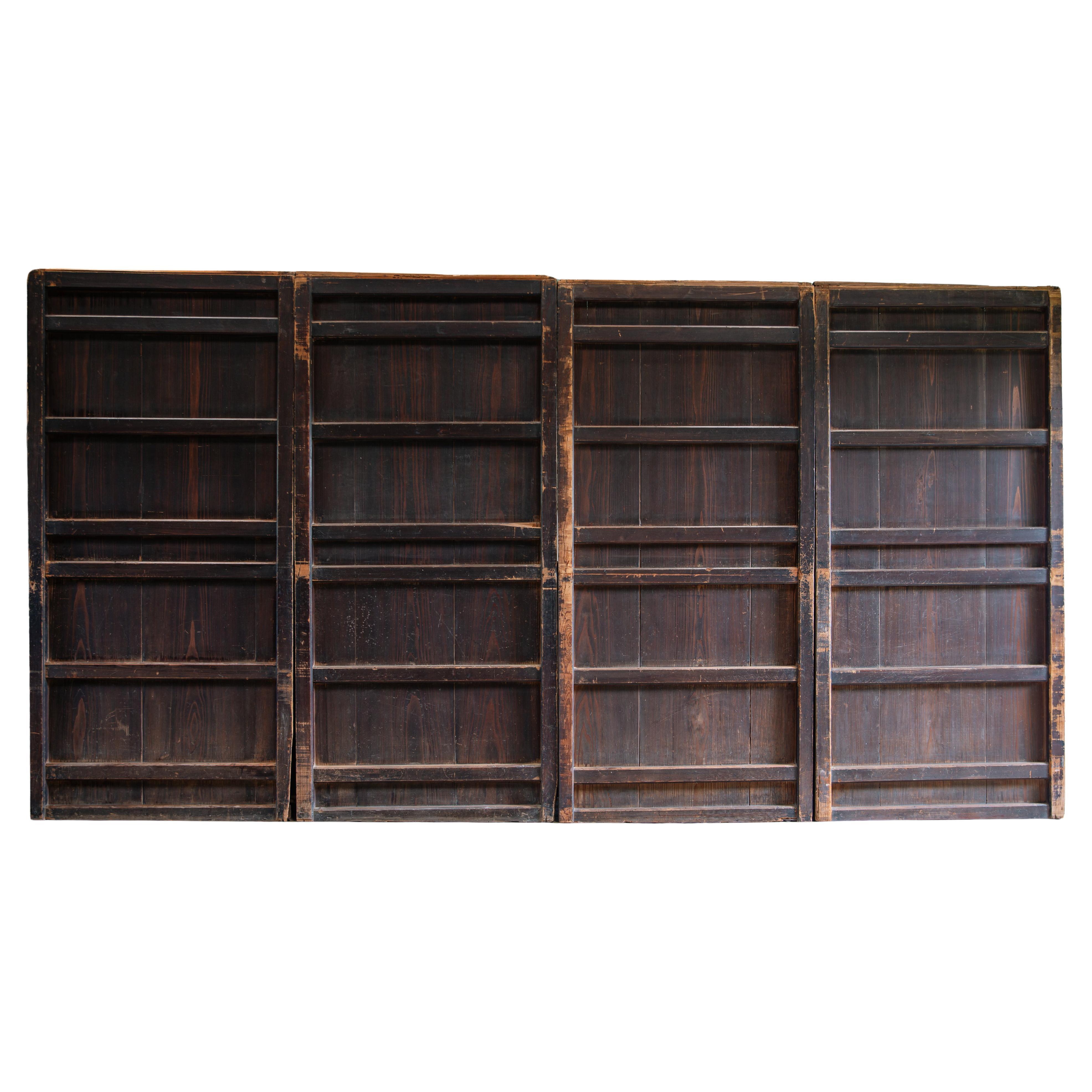 Antique Japanese tall & thick Urushi wooden sliding doors, wabi sabi primitive
