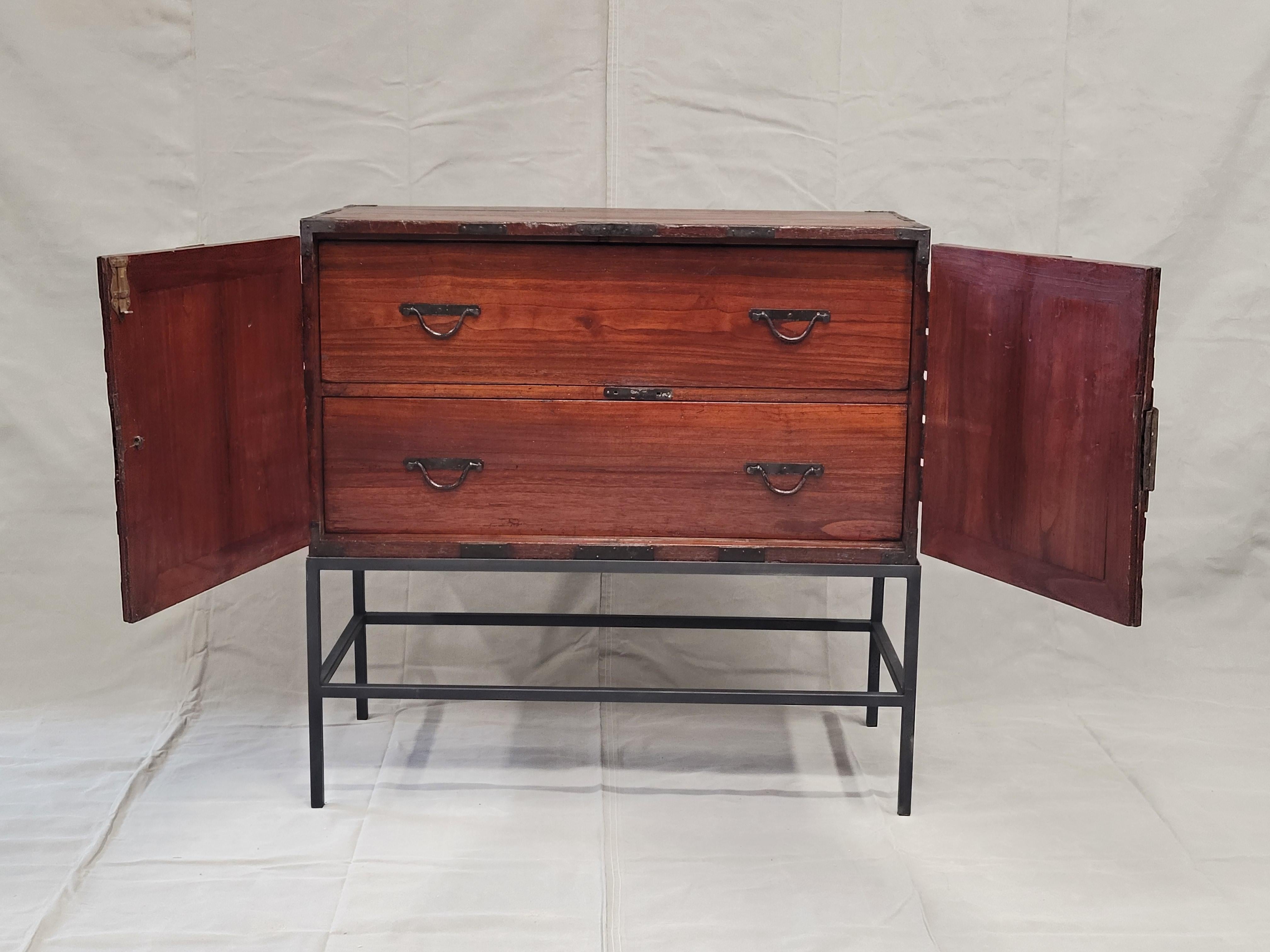 Edo Antique Japanese Tansu Chest With Drawers on Contemporary Metal Stand Console For Sale