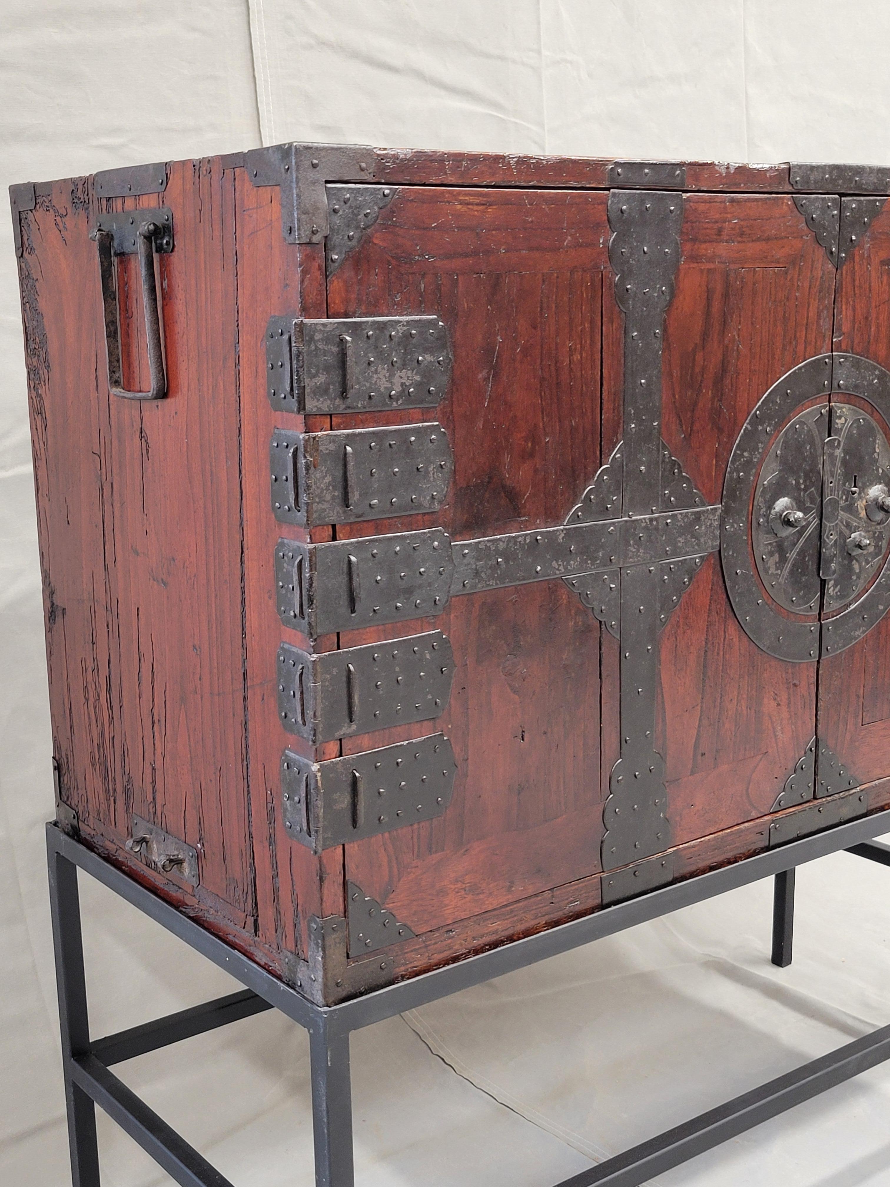 Early 20th Century Antique Japanese Tansu Chest With Drawers on Contemporary Metal Stand Console For Sale