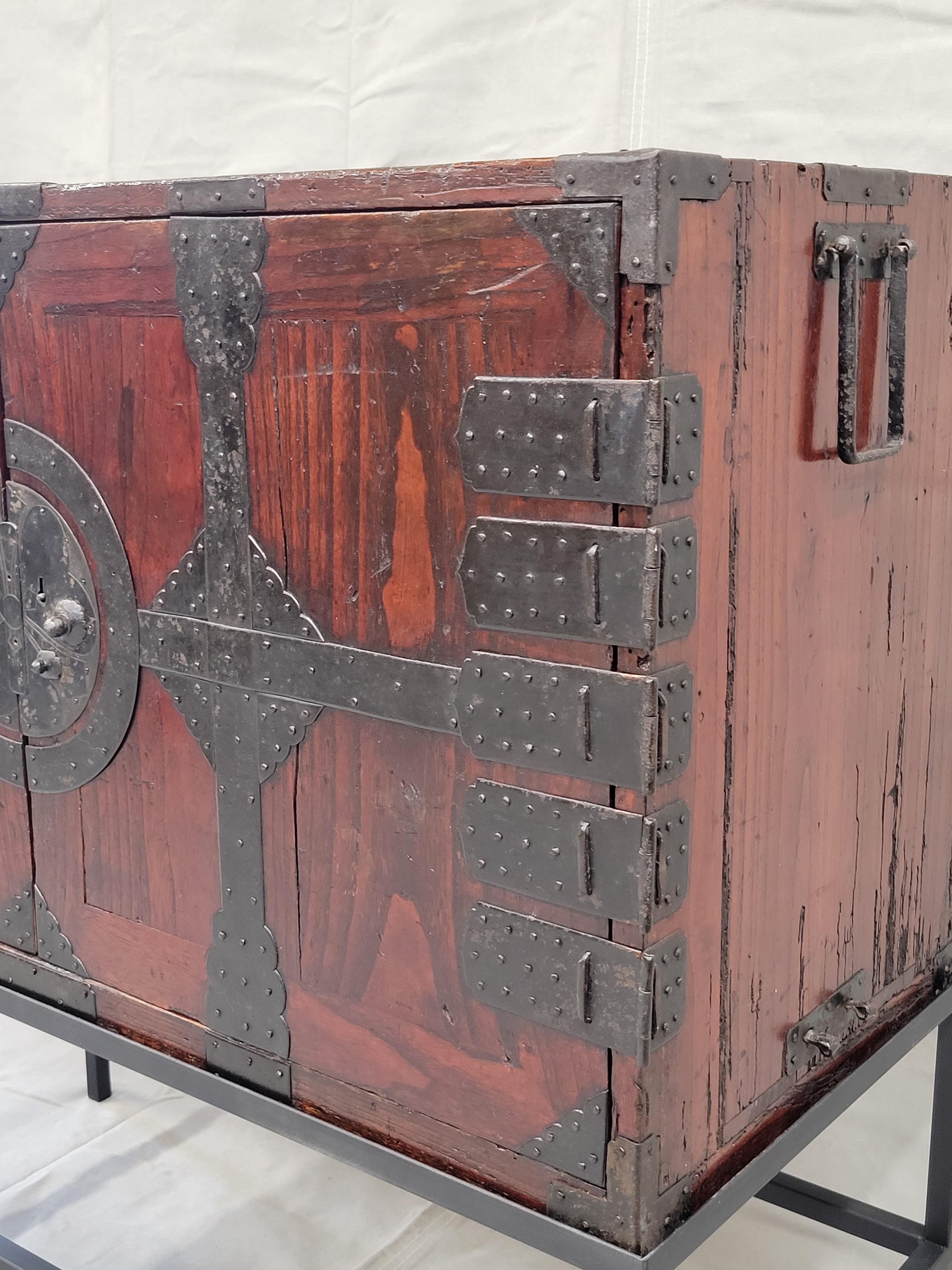 Iron Antique Japanese Tansu Chest With Drawers on Contemporary Metal Stand Console For Sale