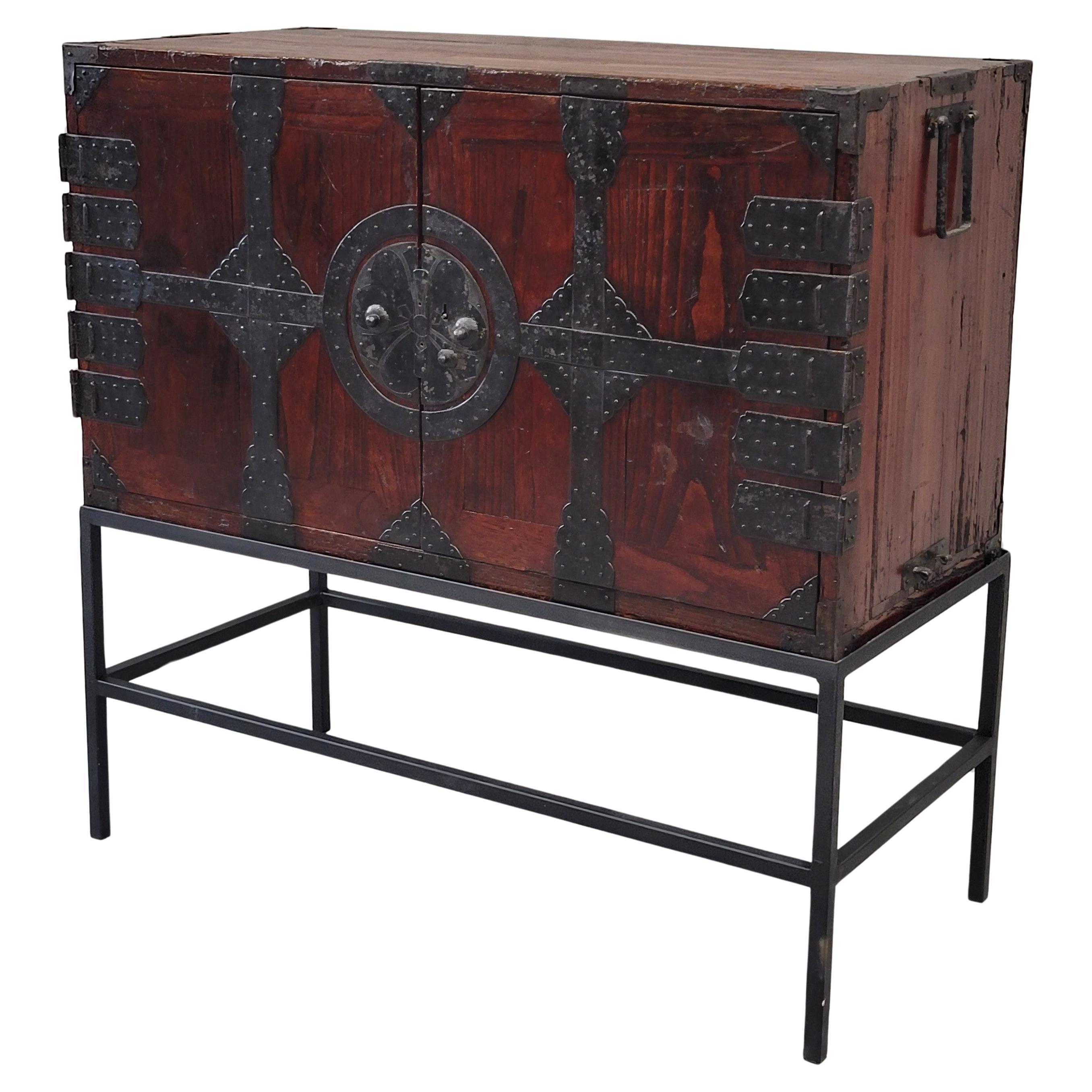 Antique Japanese Tansu Chest With Drawers on Contemporary Metal Stand Console For Sale