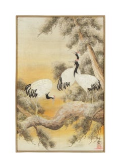 Antique Japanese Tapestry with Cranes in Natural Landscape - Rug & Kilim