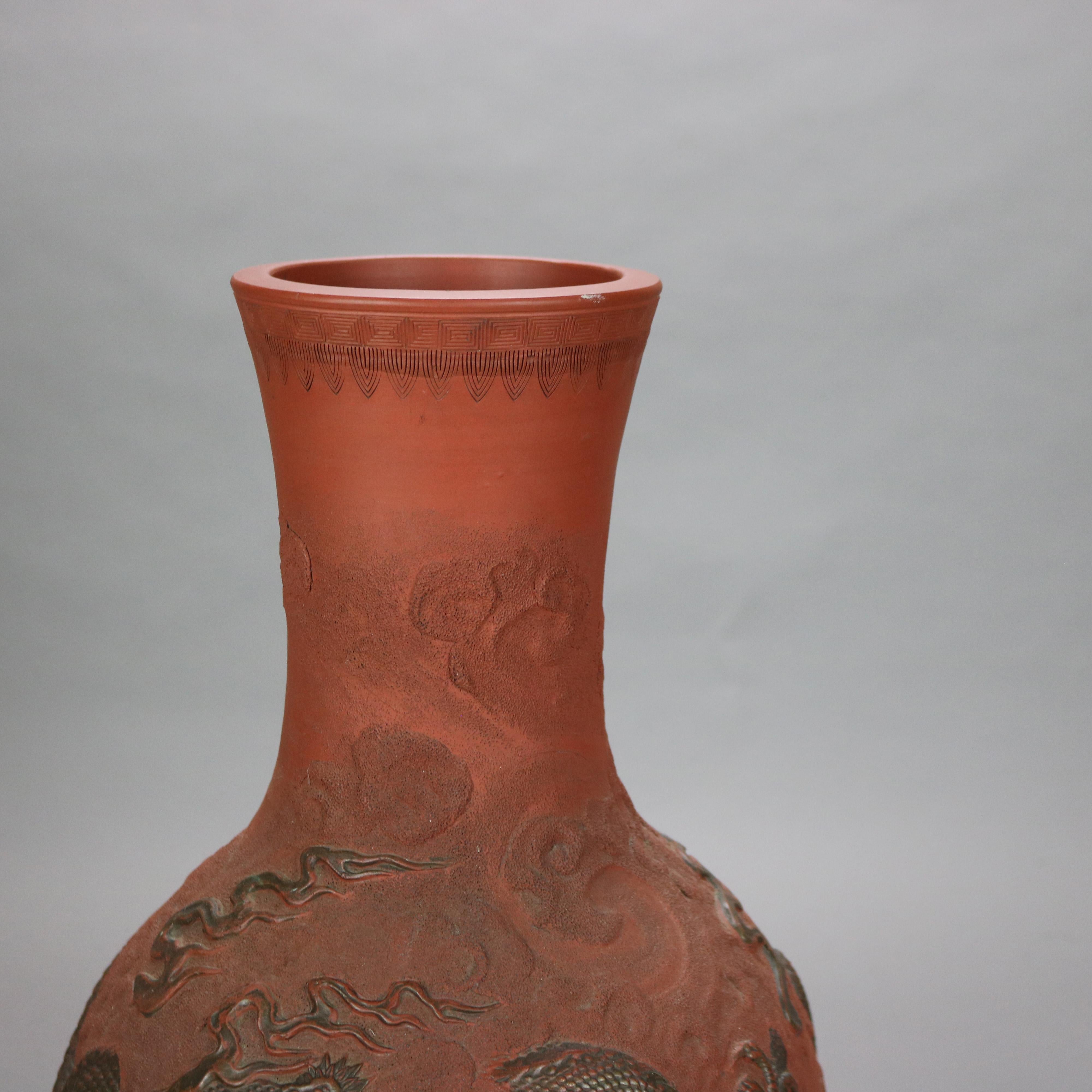 Asian Antique Japanese Terracotta Floor Vase with Dragon C1920