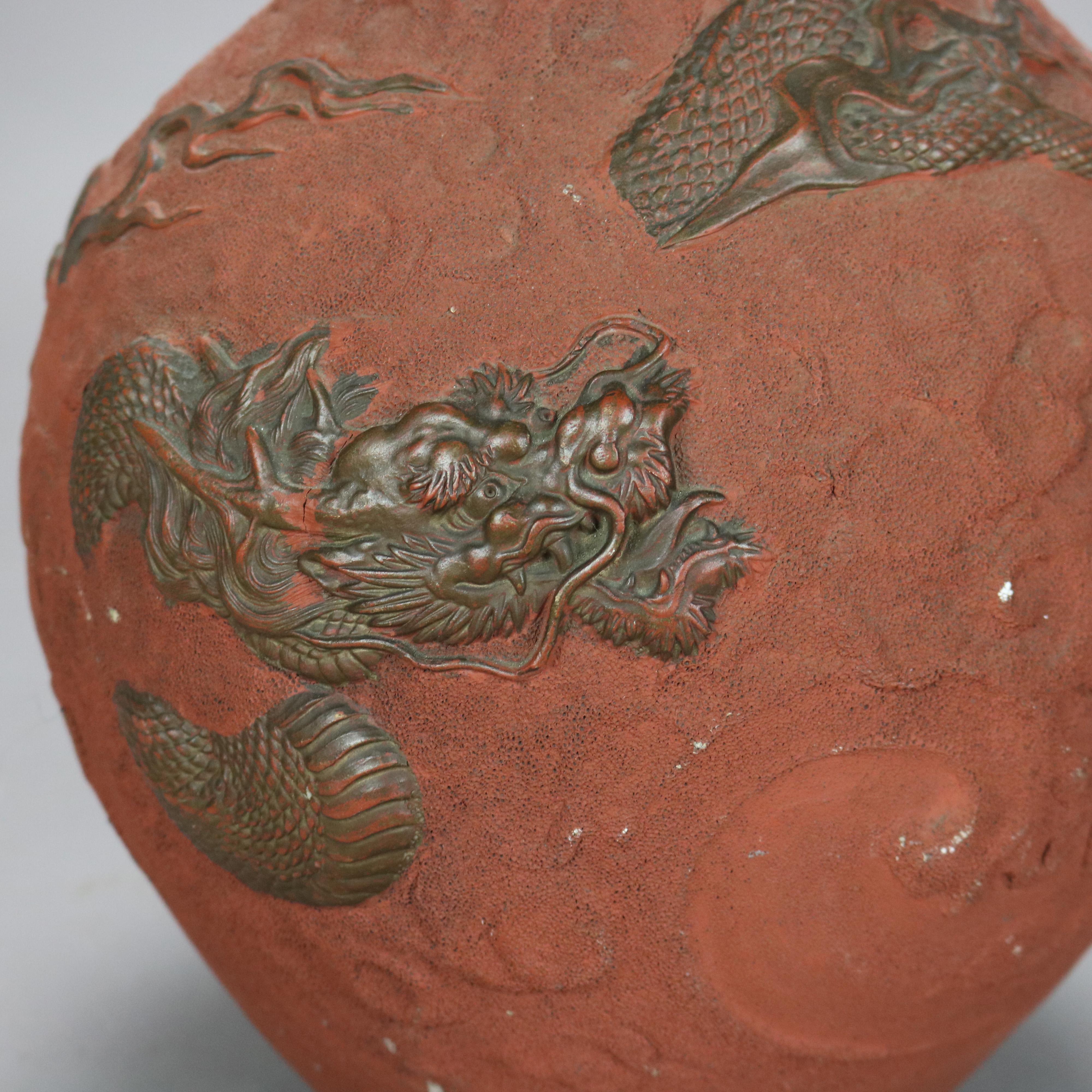 Antique Japanese Terracotta Floor Vase with Dragon C1920 In Good Condition In Big Flats, NY