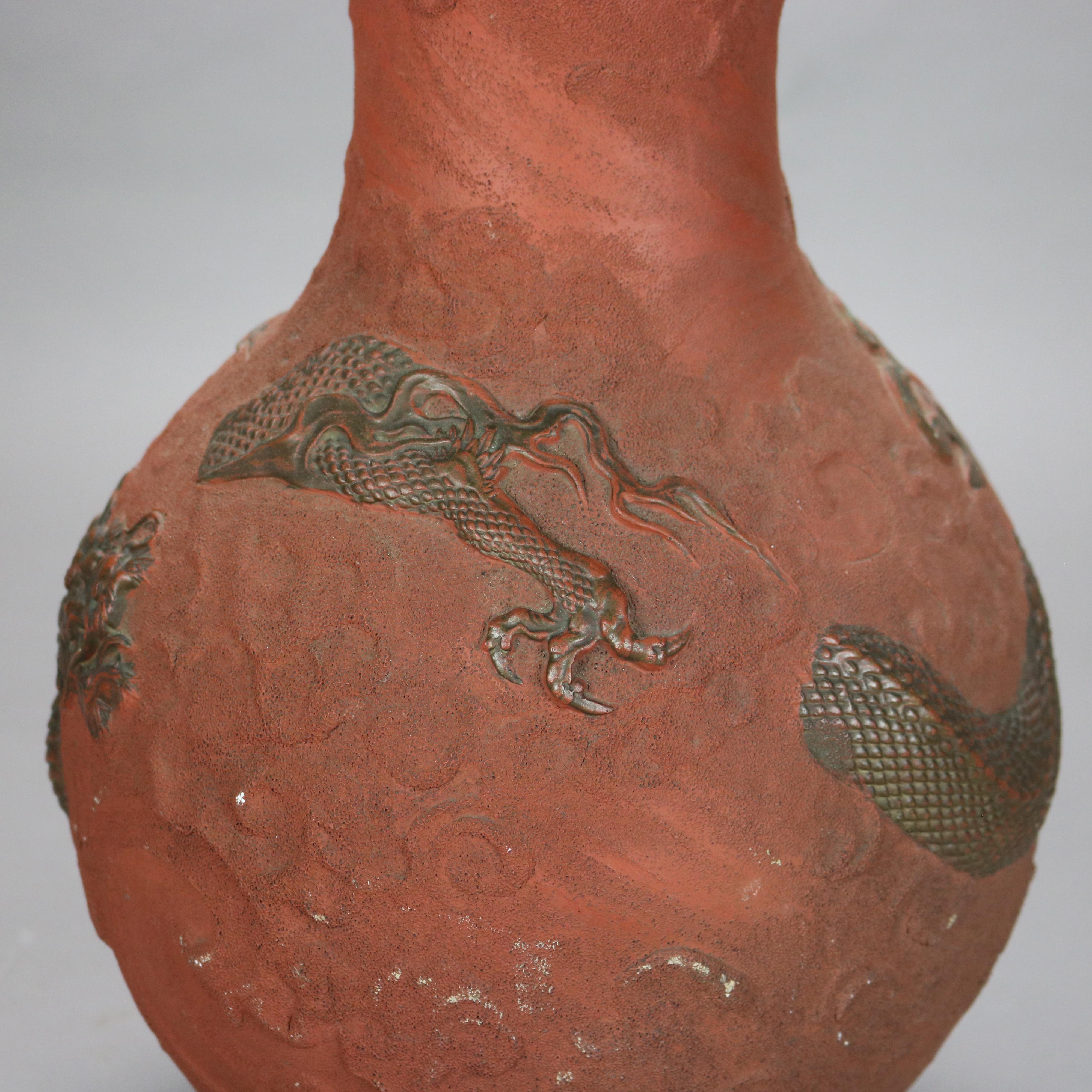 20th Century Antique Japanese Terracotta Floor Vase with Dragon C1920