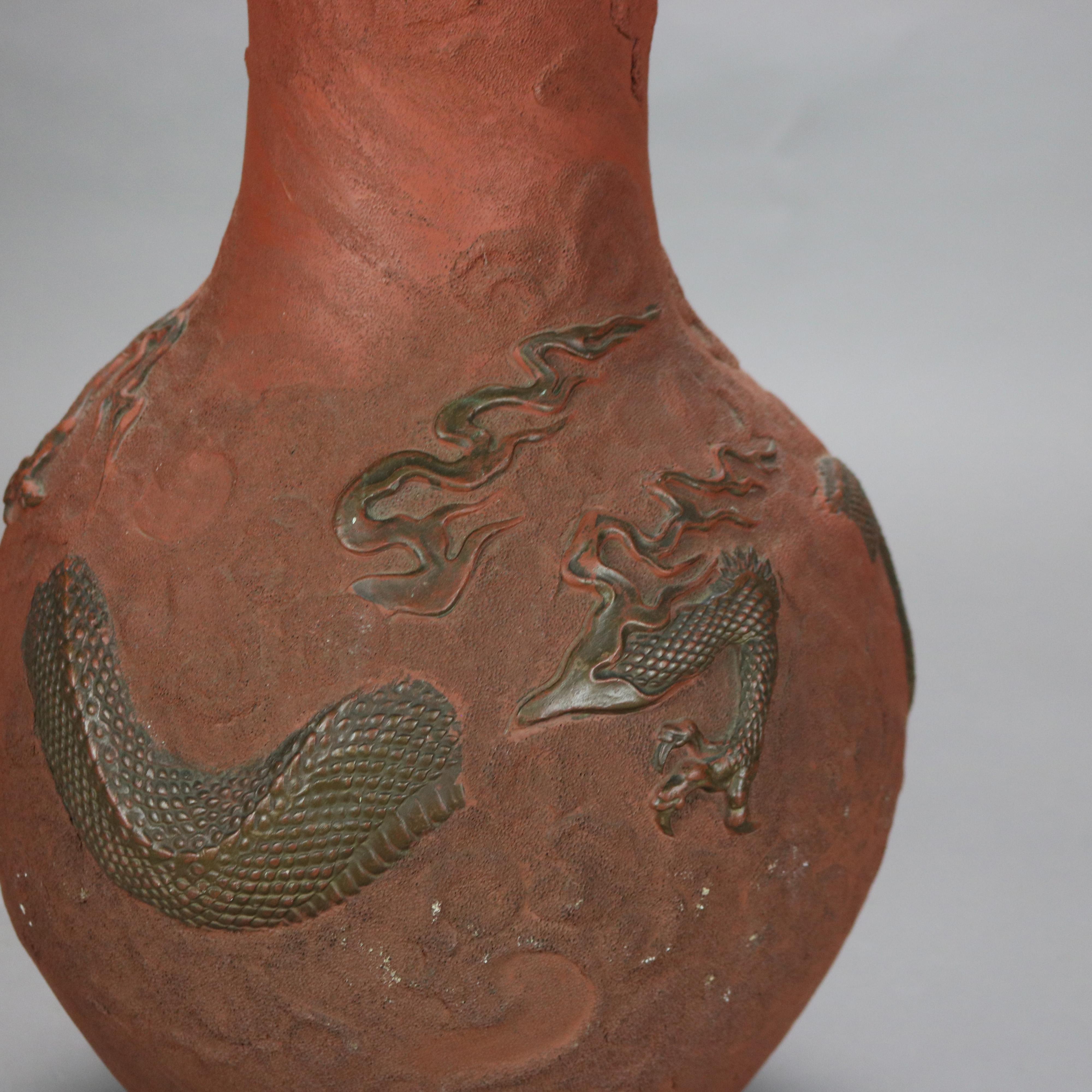 Antique Japanese Terracotta Floor Vase with Dragon C1920 1