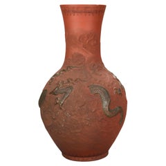 Antique Japanese Terracotta Floor Vase with Dragon C1920