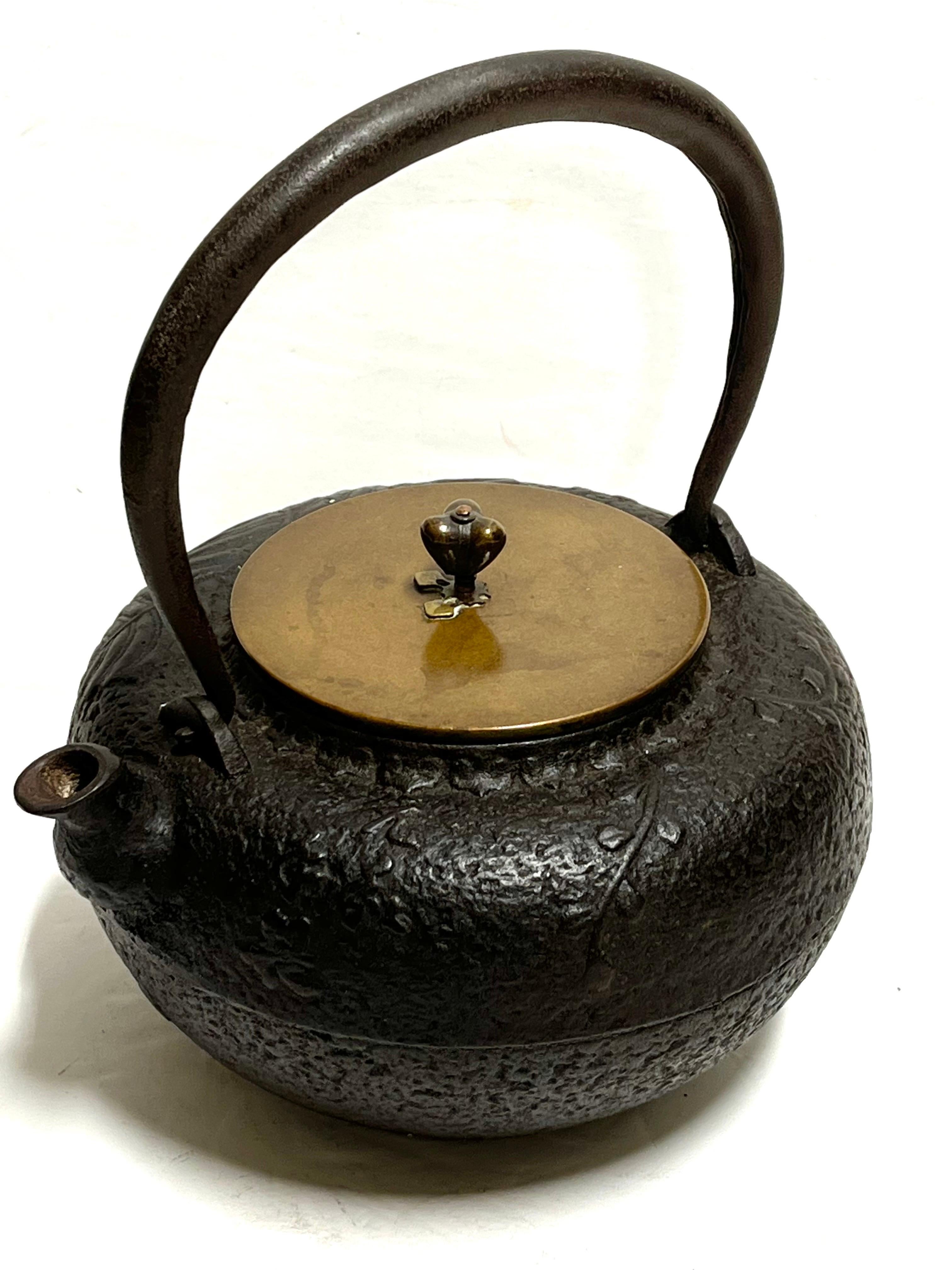 An antique Asian, probably Japanese in origin, cast iron and bronze Tetsubin. This piece has a bronze lid with an inscription. The outside of the cast iron teapot has a design. This type of object was used to heat and pour water for tea. Some