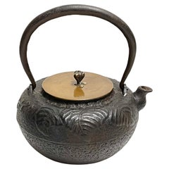 Antiker japanischer Tetsubin-Teekanne aus Bronze und Gusseisen, signiert, antik