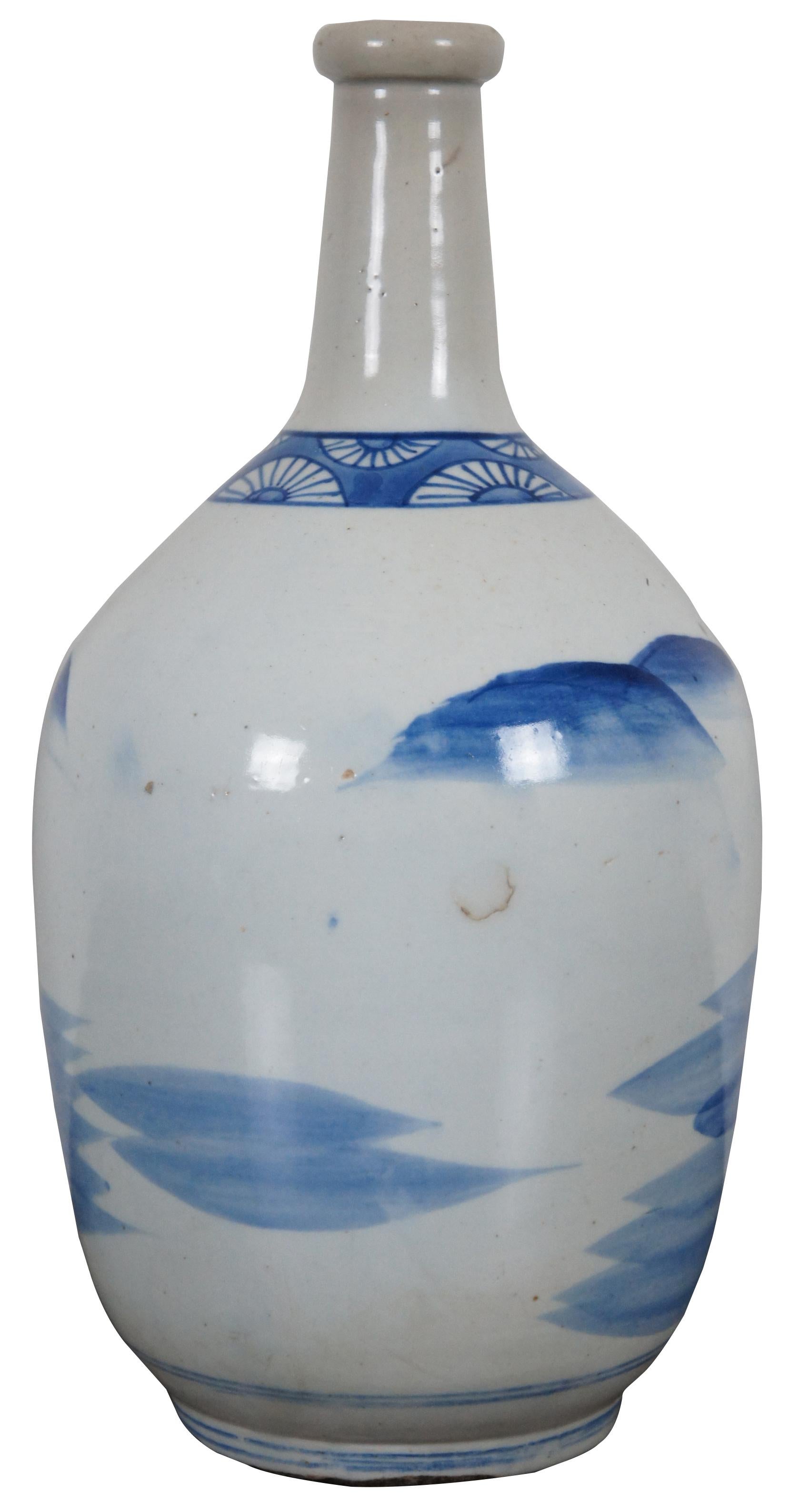 Japonisme Antique Japanese Tokkuri Sake Shochu Soju Bottle Stoneware Pottery Jug Landscape