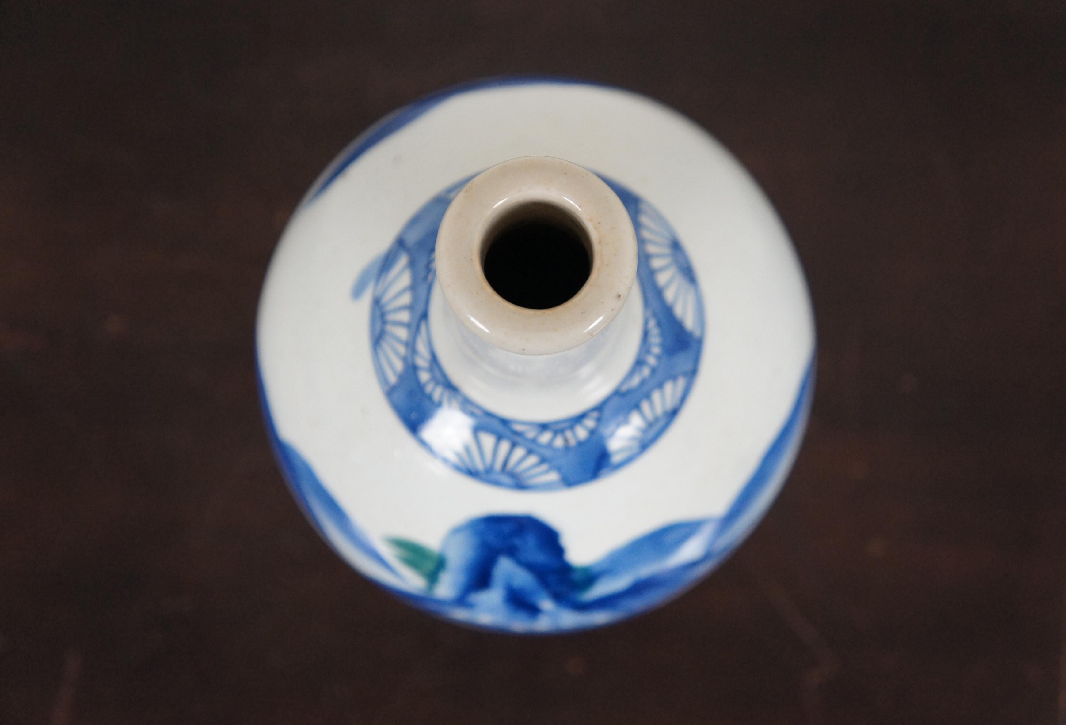 Antique Japanese Tokkuri Sake Shochu Soju Bottle Stoneware Pottery Jug Landscape In Good Condition In Dayton, OH