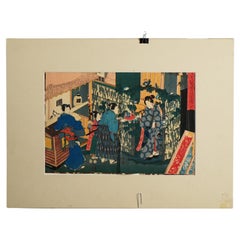 Antique Japanese Toyokuni III Woodblock Print, Street Scene with Figures, 18thC