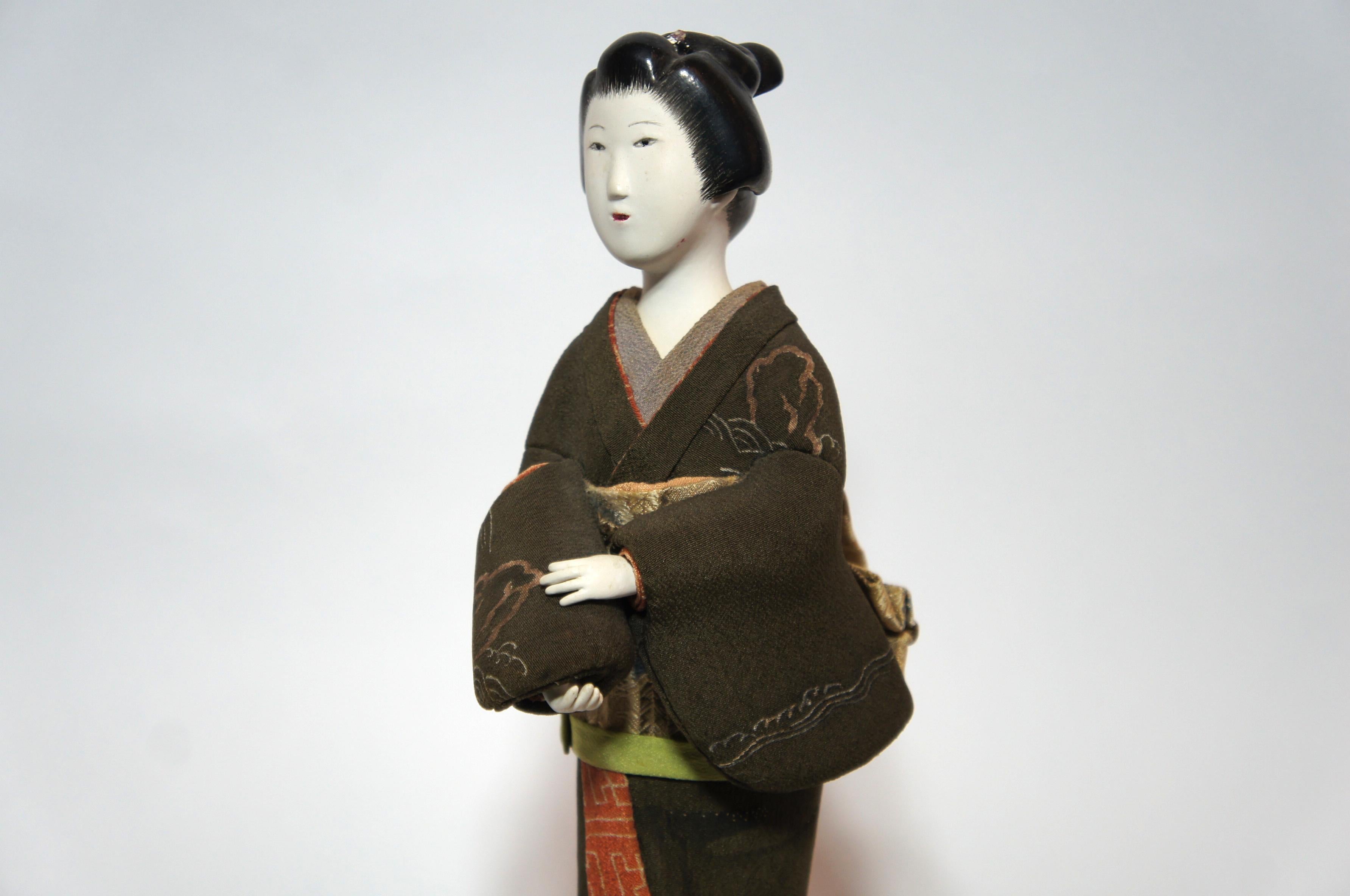 Antique Japanese Traditional 'KIMEKOMI' Doll Green Kimono Taisho Era 1912-1926s 4