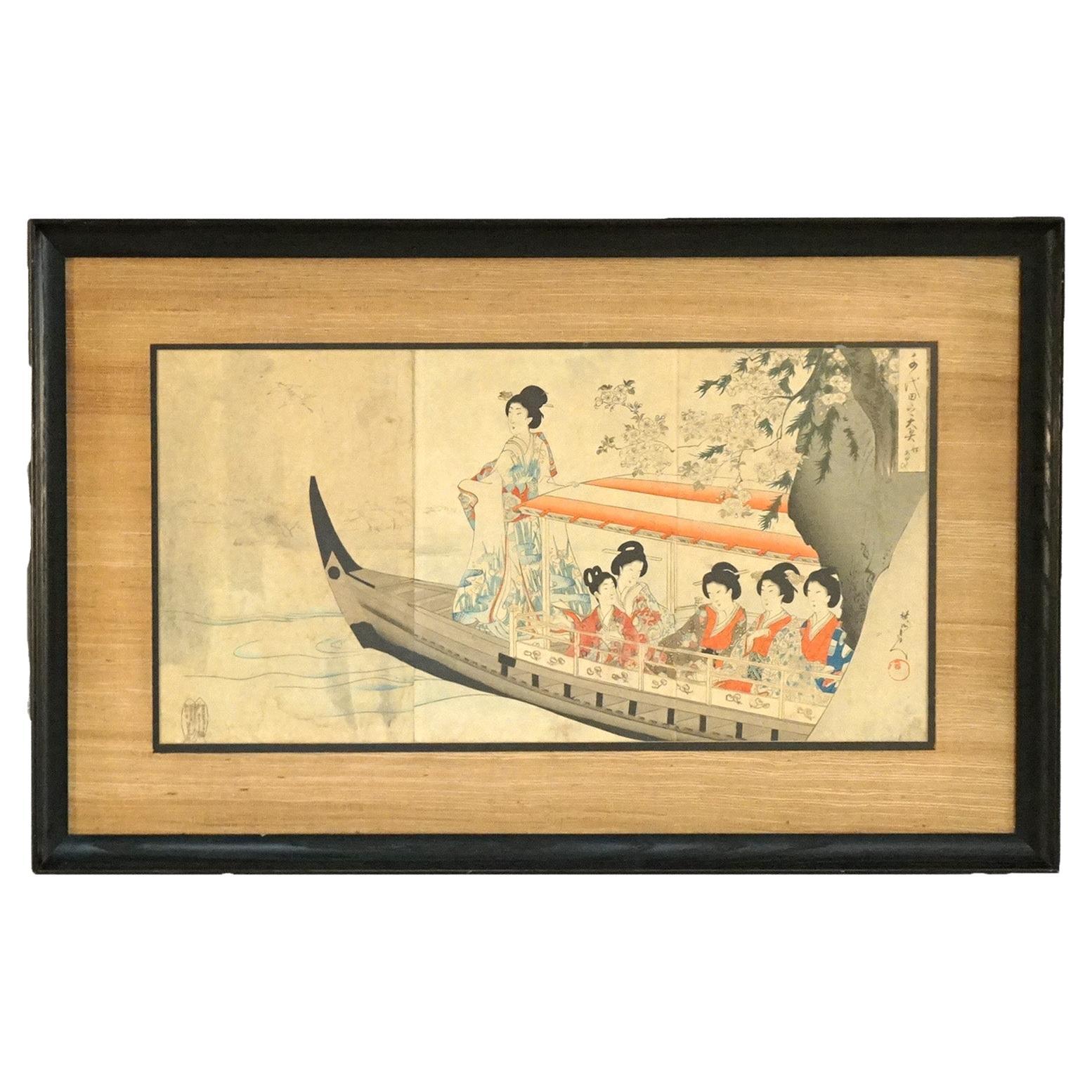 Antique Japanese Tryptic Woodblock Print C1920