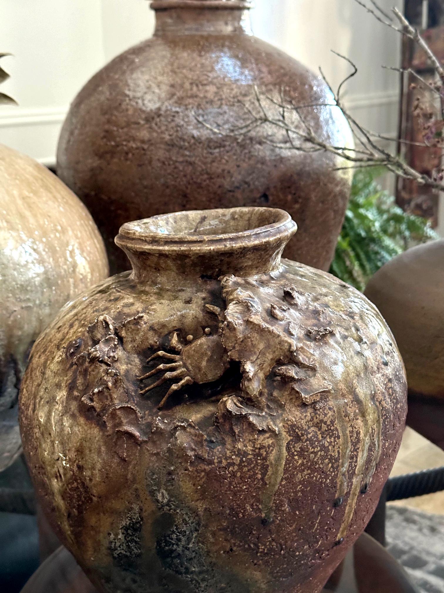 Antique Japanese Tsubo Jar with High Relief Crab Design For Sale 3