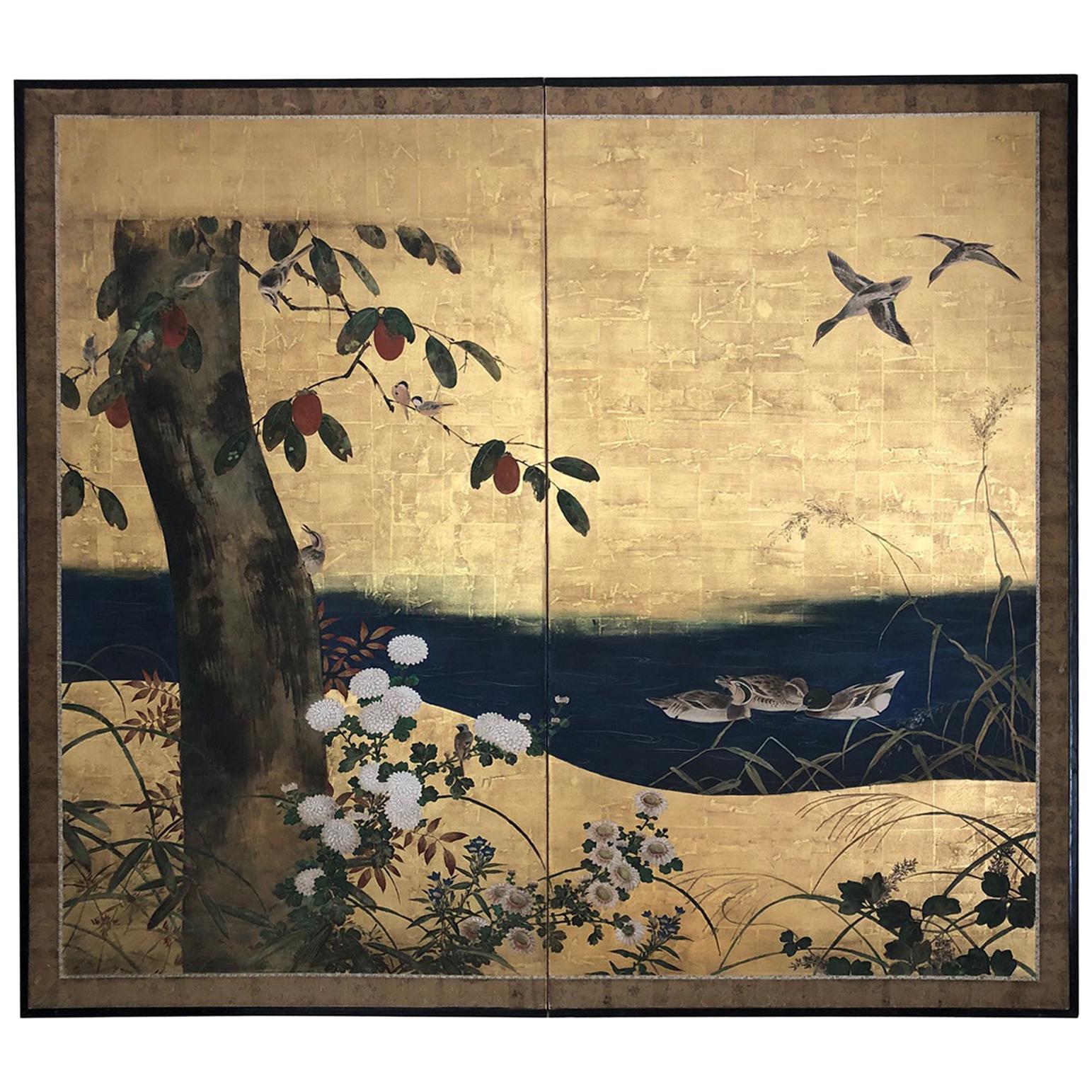 Antique Japanese Two-Panel Screen 'Byobu'
