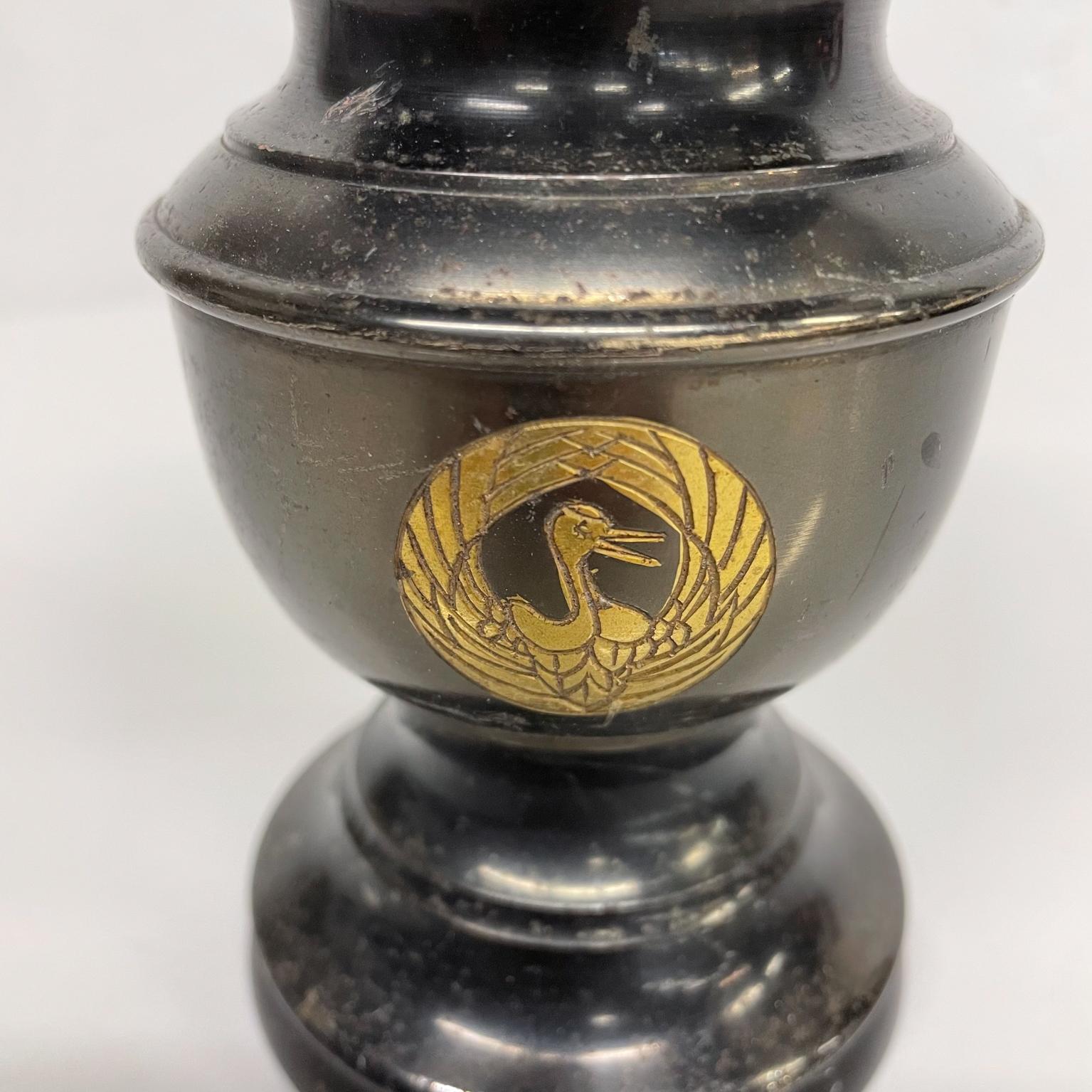 Antique Japanese Vase in Bronze Gold Stork Bird Emblem Meiji Era 1