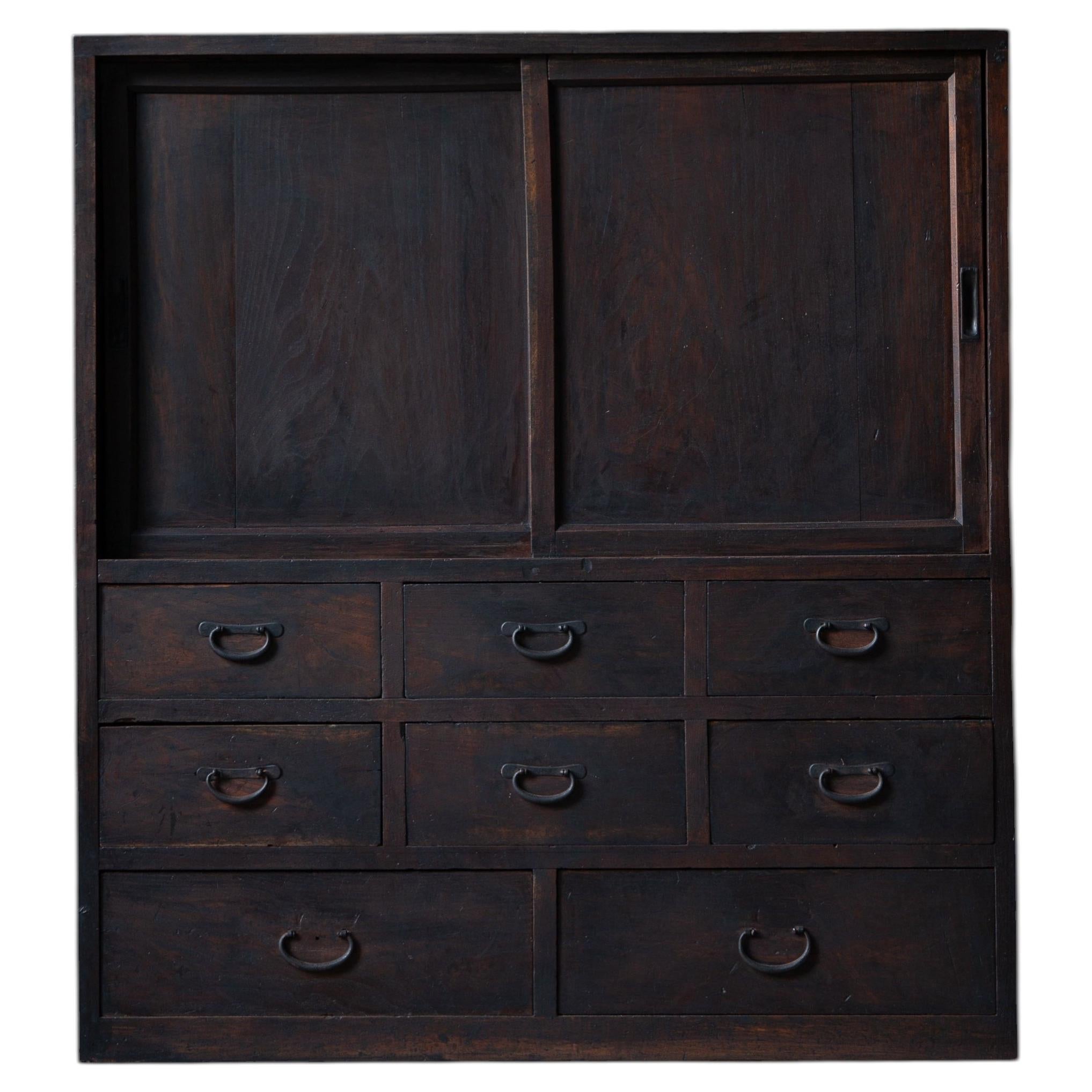 Antique Japanese Wabi-Sabi Black Urushi Tansu Cabinet with Drawers Early 20th C For Sale