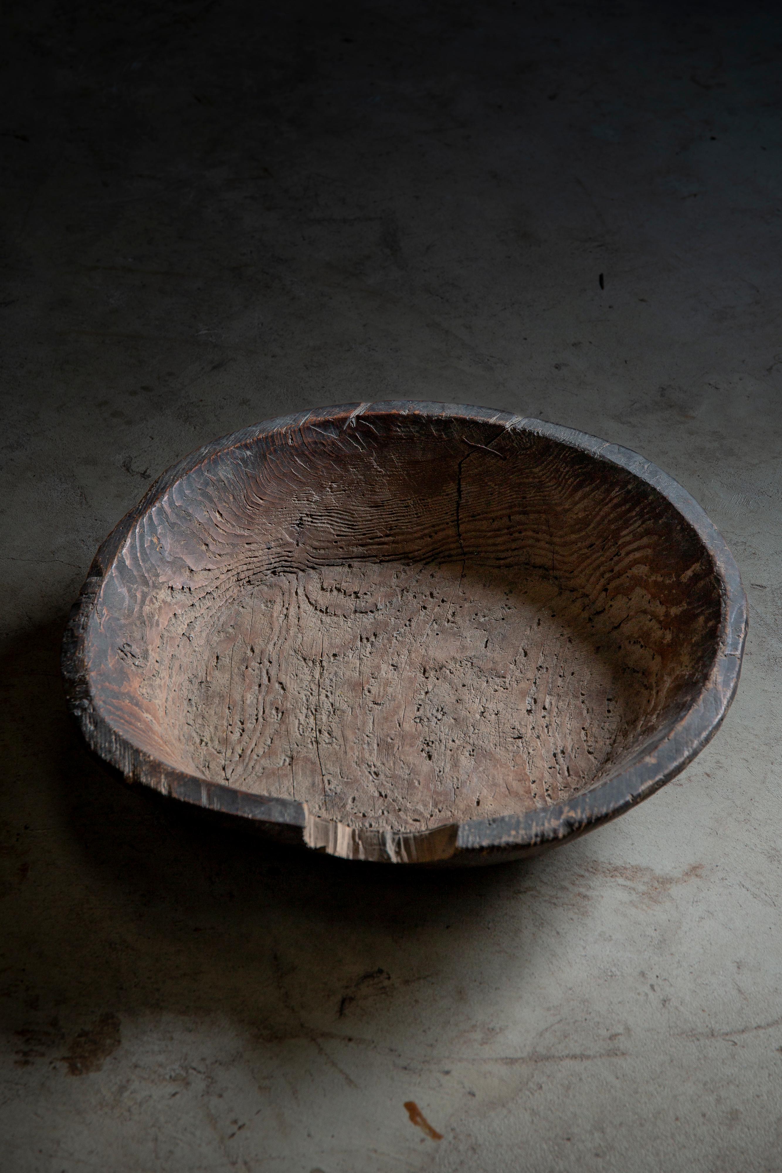 Antique wooden dough bowl, Konebachi. - Hand-carved from the one solid wood piece , circa 1870s - 1900s. 
This type of dough bowl were widely owned by the ordinary Japanese households, the most typical usage is for kneading the dough for