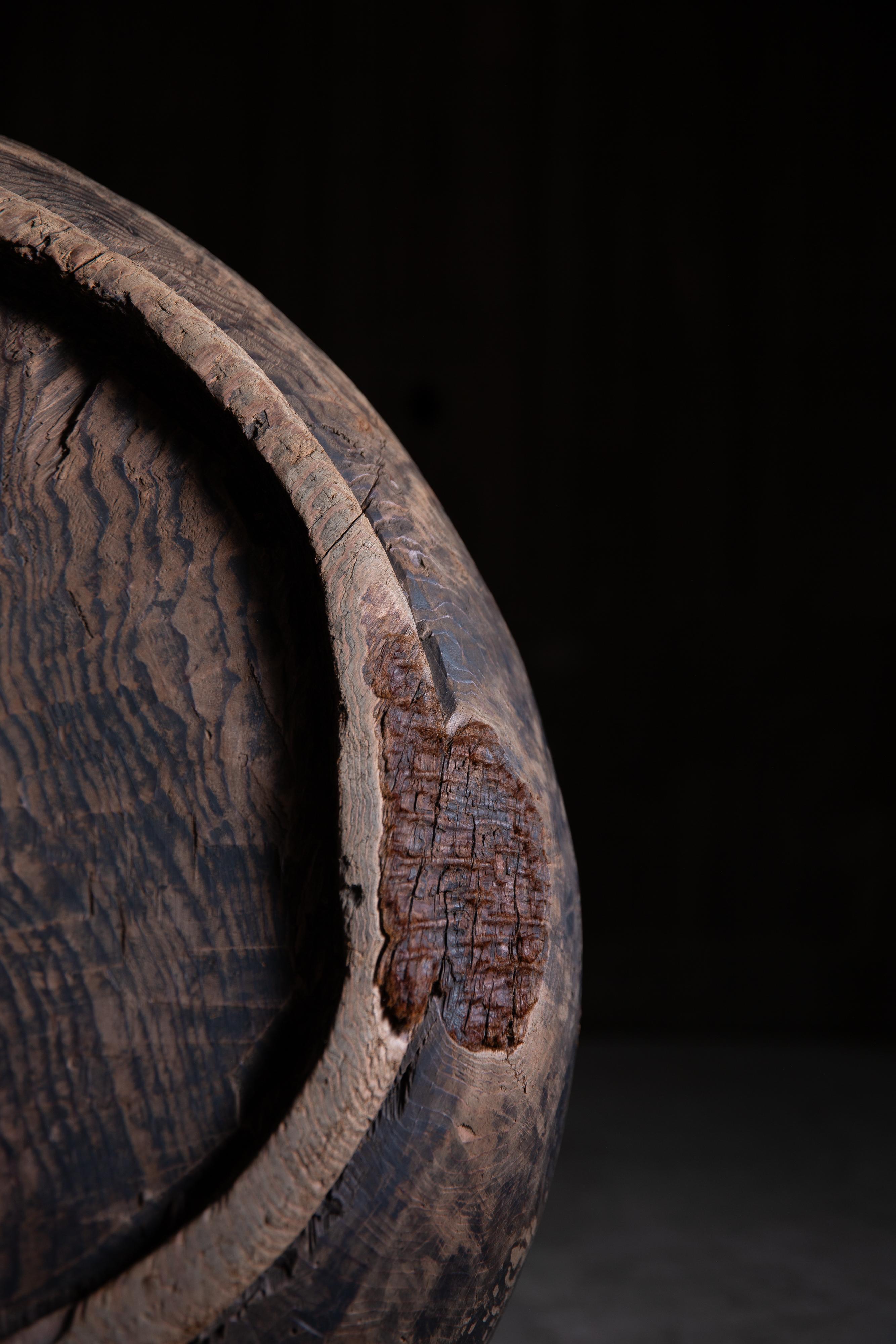 19th Century antique Japanese wabi sabi Konebachi, large hand-carved dough bowl, primitive For Sale