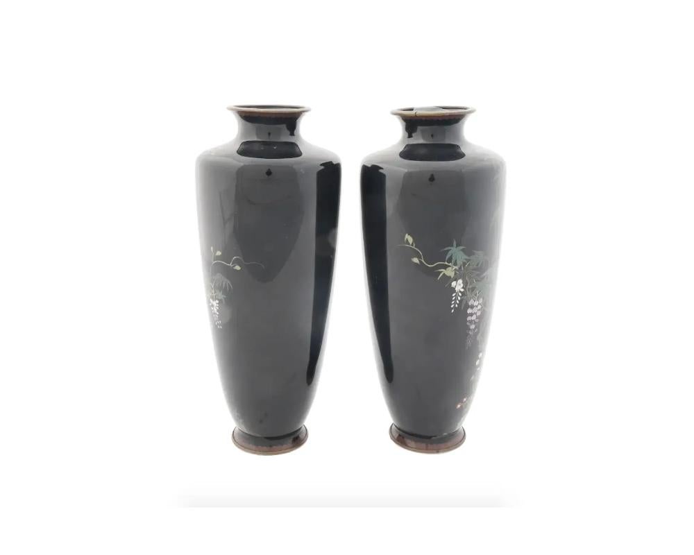 Cloissoné Pair of Antique Meiji Japanese Cloisonne Enamel Vases Blossoming Wisteria and Bi For Sale